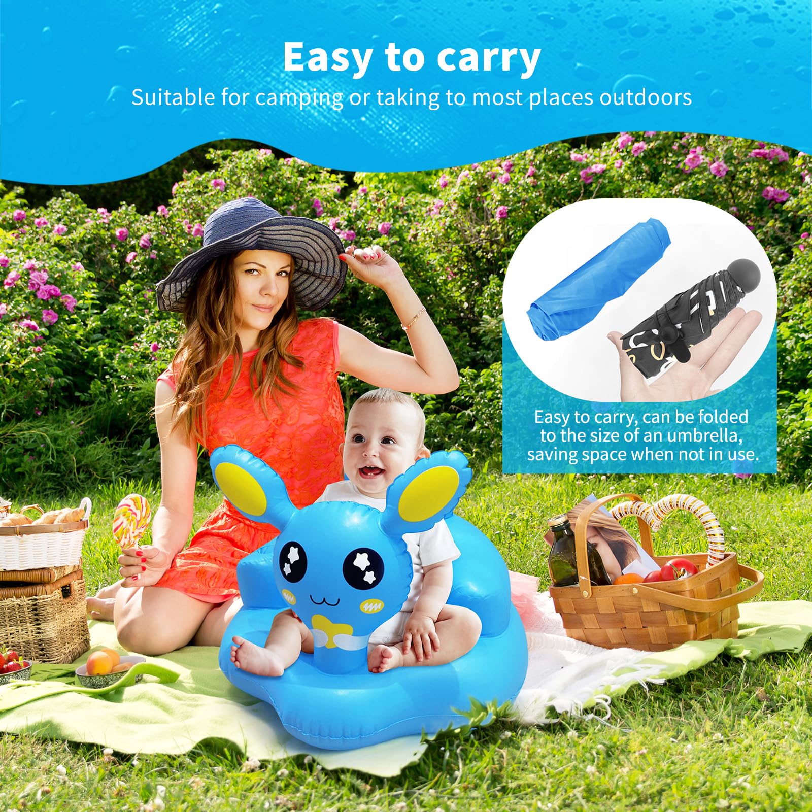 Inflatable Baby Seat for Infants 3-12 Months - Portable PVC Folding Floor Chair for Home & Travel - Support Sitting Up Position - Blue - Perfect for Indoor Playtime, Beach Trips and Outdoor Activities