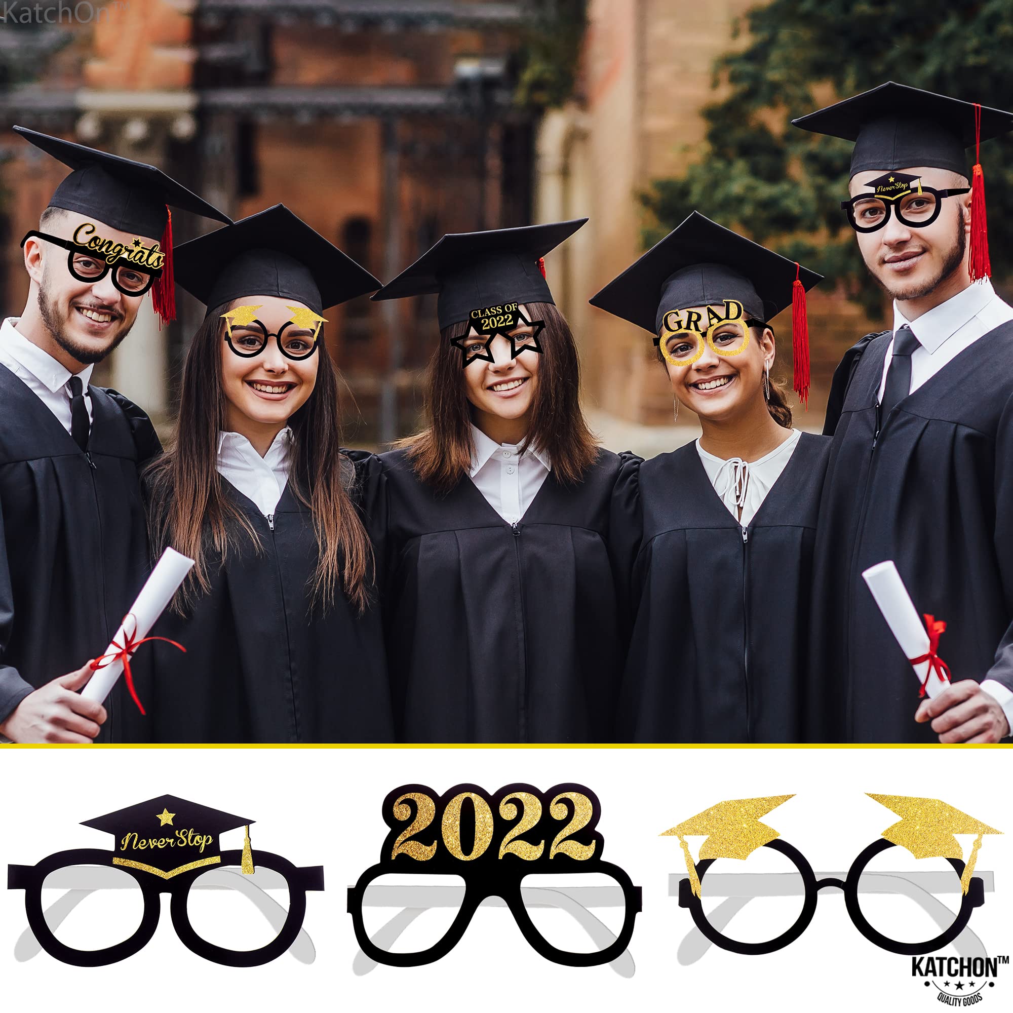 2024 Graduation Glasses - Black & Gold Photo Booth Props (Pack of 12) | Graduation Party Decorations, Graduation Favors for College & High School Celebrations | Perfect for Graduation Photos, Parties & Events