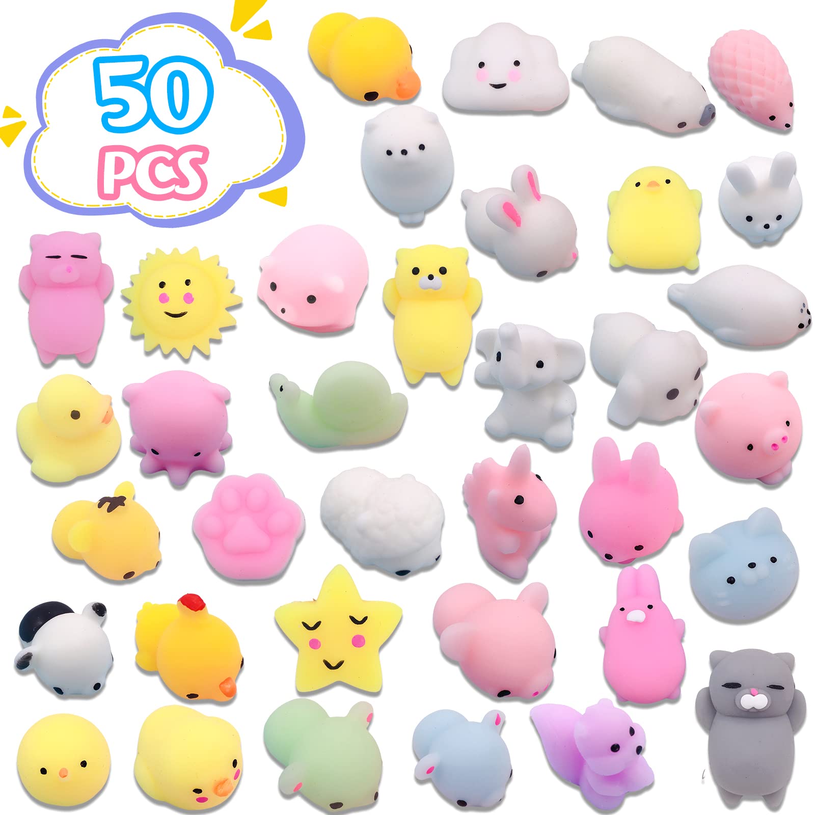 50pcs Halloween Squishy Toys - Cute Animal & Fruit Mochi Stress Relief Fidget Toys for Kids, Party Favors, Birthday Gifts, Classroom Prizes - Perfect for Halloween Parties, Birthday Celebrations, Classroom Rewards and Stress Relief Activities