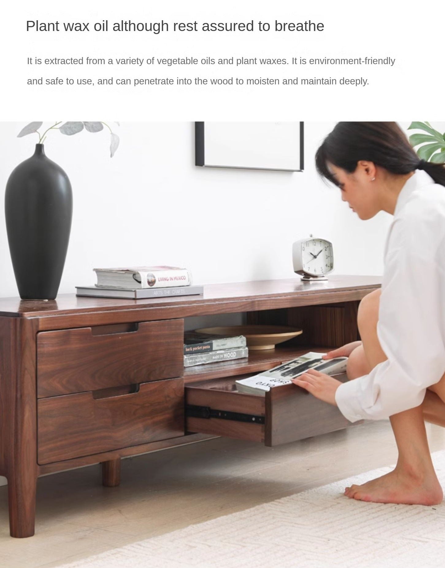 Premium Black Walnut Solid Wood TV Stand - Large Storage Entertainment Center for Living Room, Home Theater & Media Organization