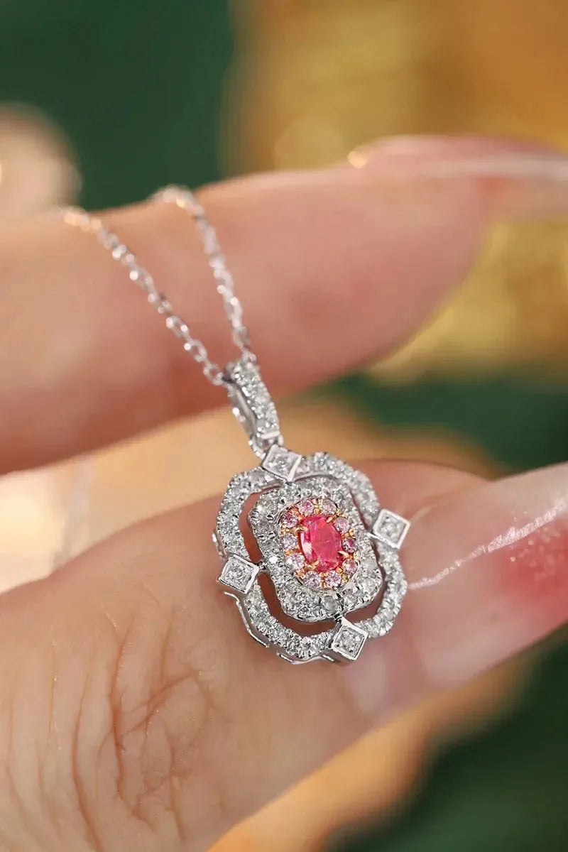 18K White Gold Pink Diamond Pendant Necklace for Women - Real Natural Diamond, Elegant INS Style Jewelry, Perfect Anniversary Gift for Her - Ideal for Weddings, Date Nights & Special Occasions