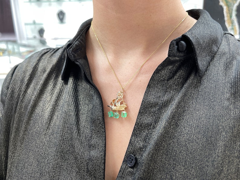 2.95tcw 14K Gold Colombian Emerald & Diamond Pirate Sailor Boat Pendant Necklace - Perfect for Nautical Themed Parties, Beach Vacations & Unique Gifts
