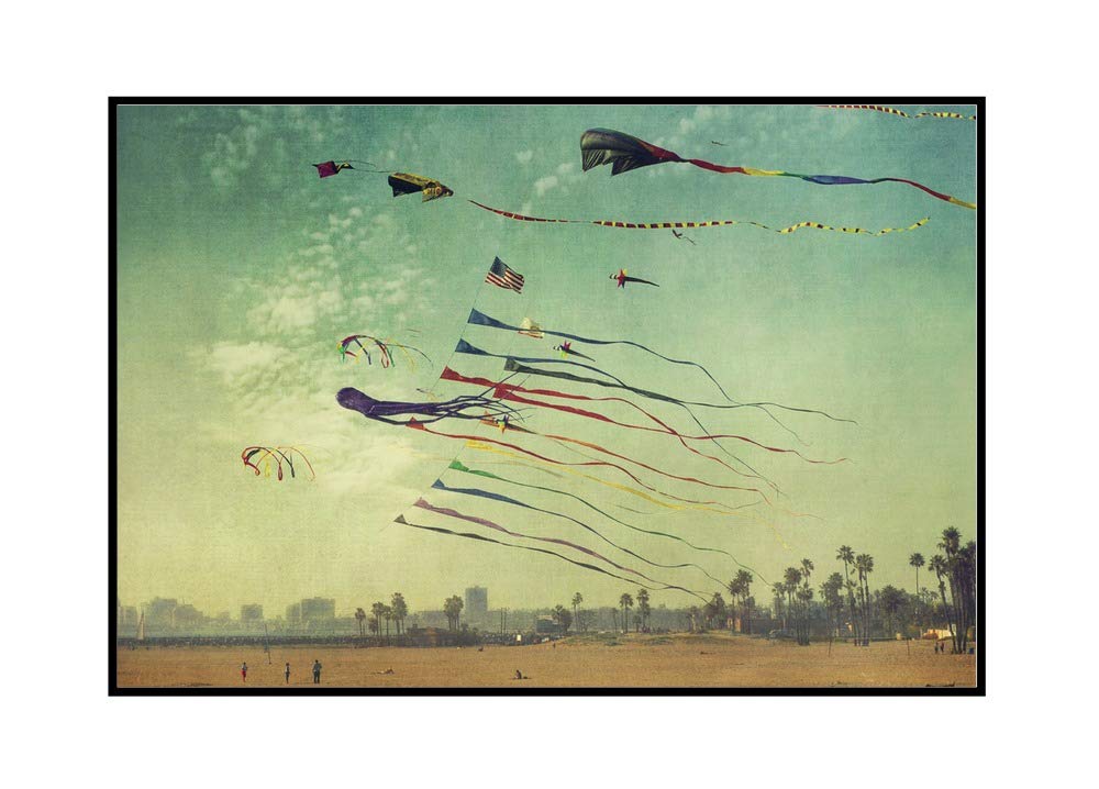 36x24 Framed Beach Kites Canvas Wall Art - Hand Stretched Gallery Wrapped Painting for Living Room, Bedroom & Office Decor