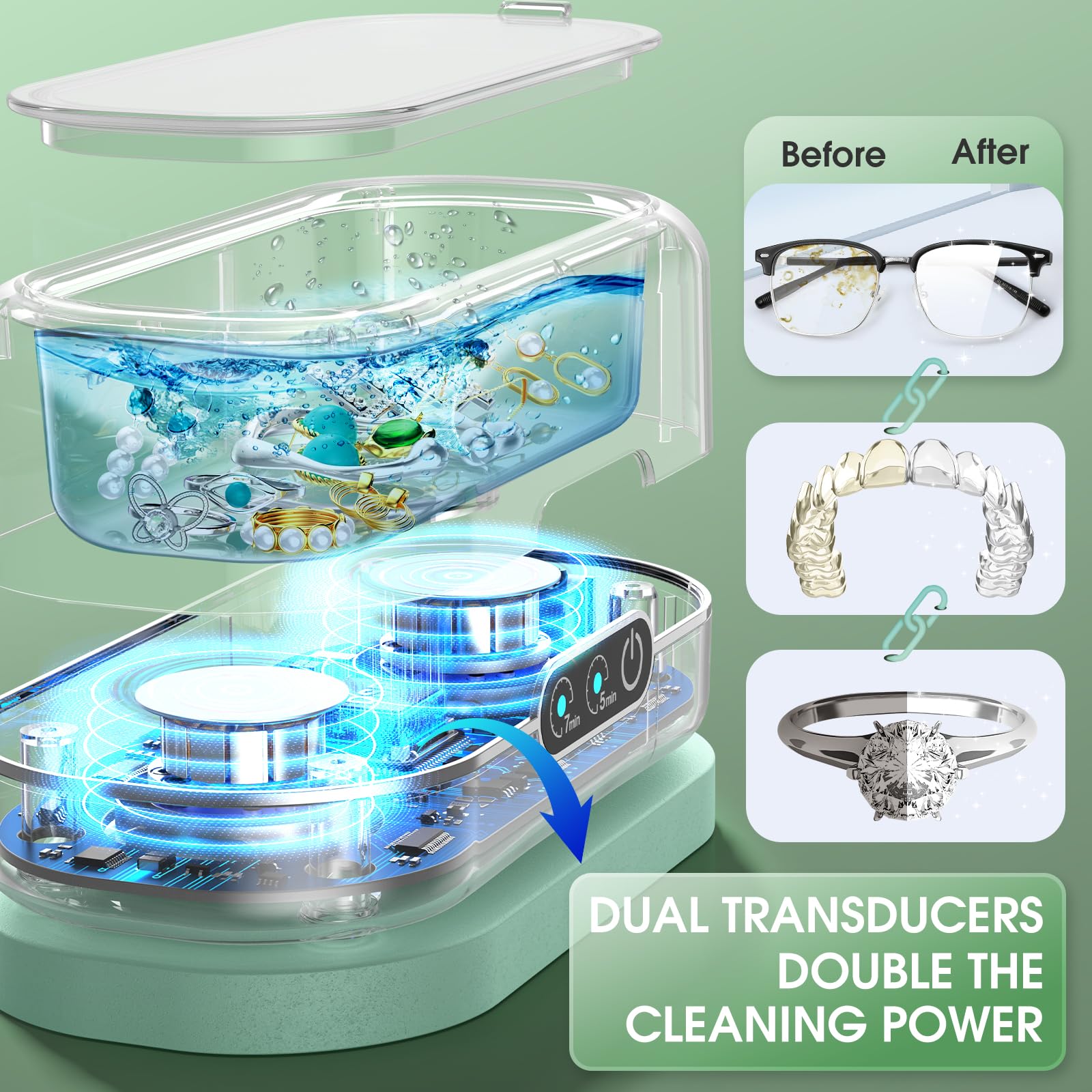 Professional 50KHz Ultrasonic Jewelry Cleaner with Digital Timer - 304 Stainless Steel Cleaning Machine for Jewelry, Eyeglasses, Rings, Watches & Dentures | Perfect for Home, Salon & Dental Care (Blue)