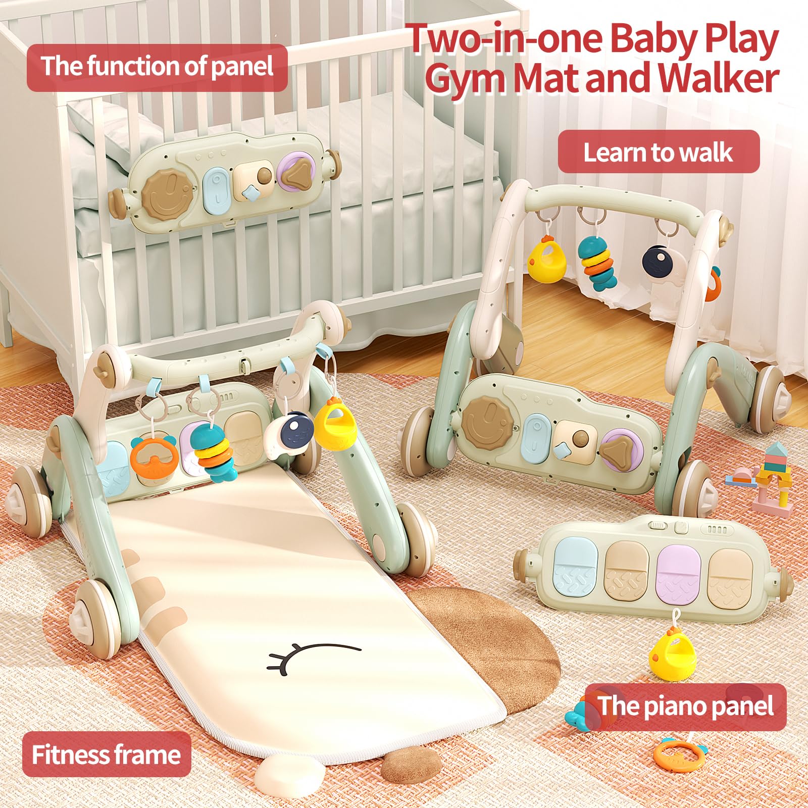 2 in 1 Baby Gym & Walker for 0-24 Months - Multifunctional Play Mat with 4 Sensory Toys & Removable Piano Panel - Sit-to-Stand Learning Activity Center for Boys & Girls (White) - Perfect for Nursery Playtime & Early Childhood Development