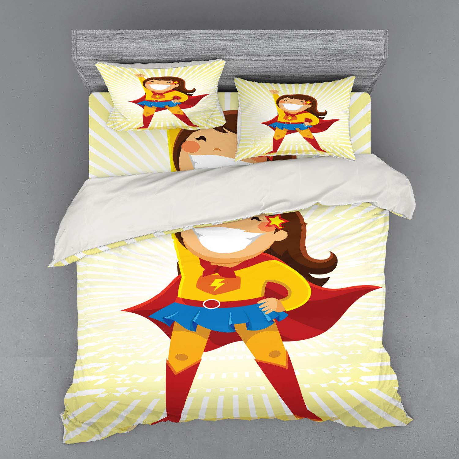 Ambesonne Superhero Duvet Cover Set - Courageous Little Girl in Costume Standing Heroically, 4-Piece King Size Bedding Set with Shams & Fitted Sheet, Multicolor | Perfect for Kids' Rooms, Superhero Themed Bedrooms & Gift Giving