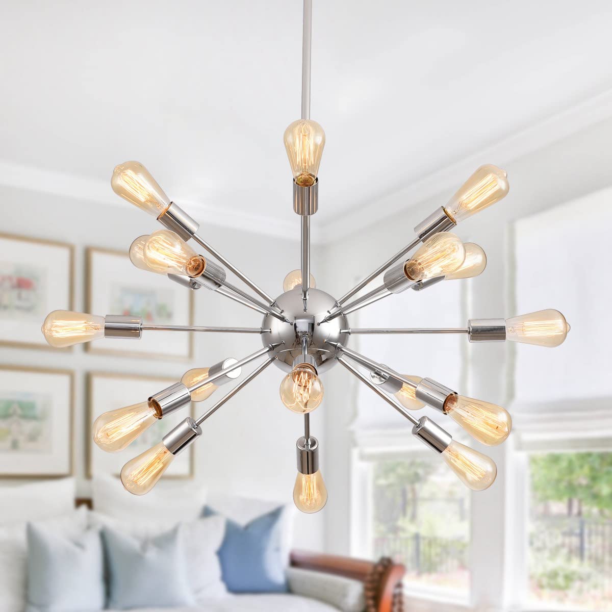 Parrot Uncle Sputnik Chandelier - 18-Light Modern Ceiling Pendant Light Fixture, 28 Inch Chrome Finish for Dining Room & Living Room | Perfect for Mid-Century Modern Home Decor & Open Concept Spaces