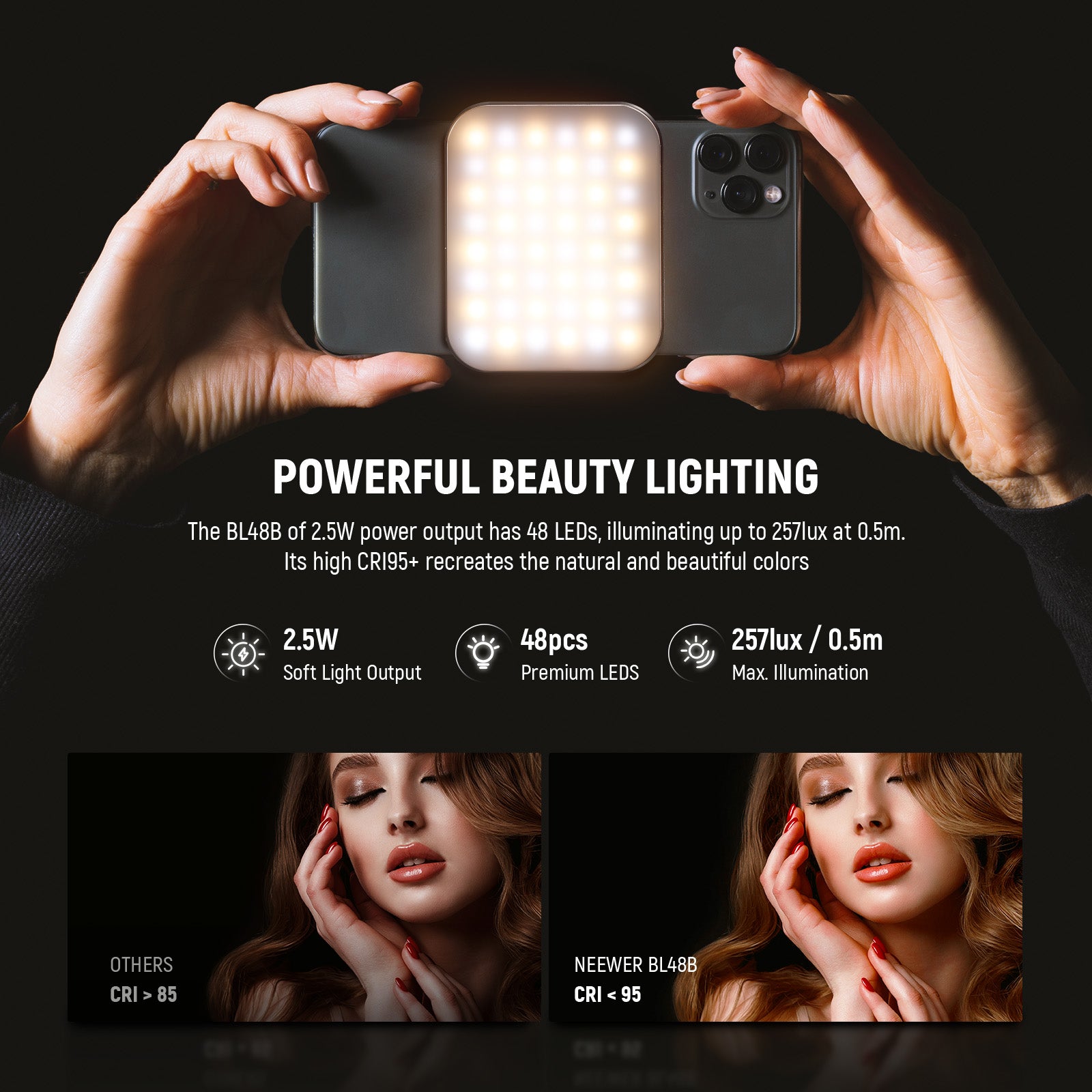 NEEWER BASICS BL48B Rechargeable Magnetic Selfie Light for MagSafe - Portable LED Fill Light for iPhone, YouTube Videos & Night Photography
