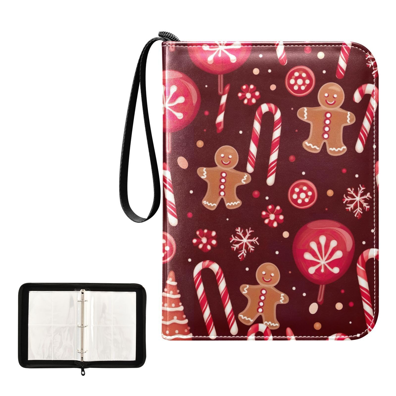 Christmas Gingerbread Man Red 4-Pocket Trading Card Binder - Holds 400 Cards with 50 Sleeves, 3-Ring Zip Closure | Perfect for Sports Cards, Game Collectibles & Photo Storage | Great for Collectors, Tournaments & Gift-Giving