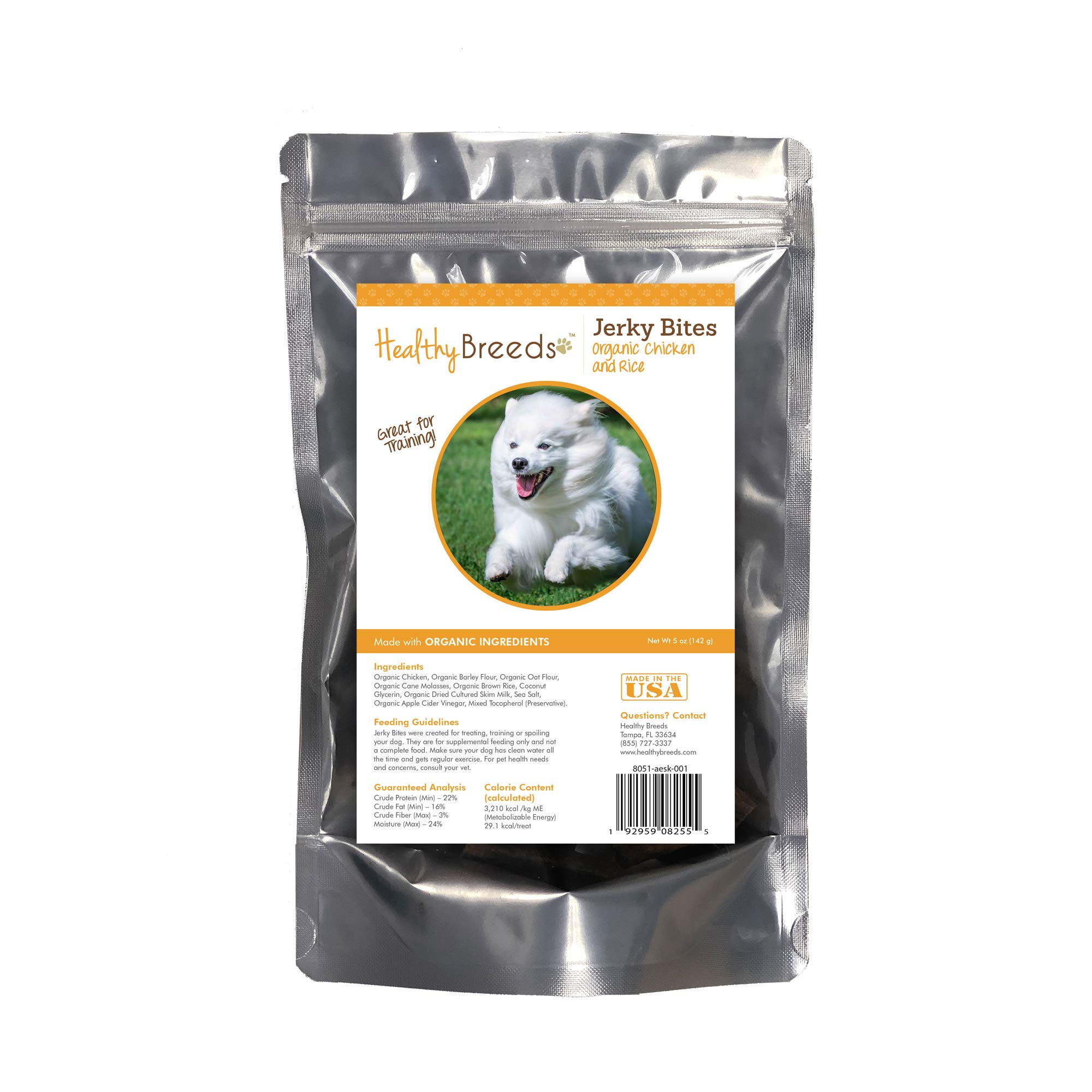Healthy Breeds American Eskimo Dog Jerky Bites - Chicken & Rice Recipe Natural Dog Treats 5 oz - Grain-Free Training Snacks for Small & Medium Dogs