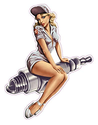 Set of 2 - 3 Inch Spark Plug Pin Up Girl Decal Stickers - Vintage Car & Motorcycle Accessories for Helmets, Toolboxes & Garage Decor