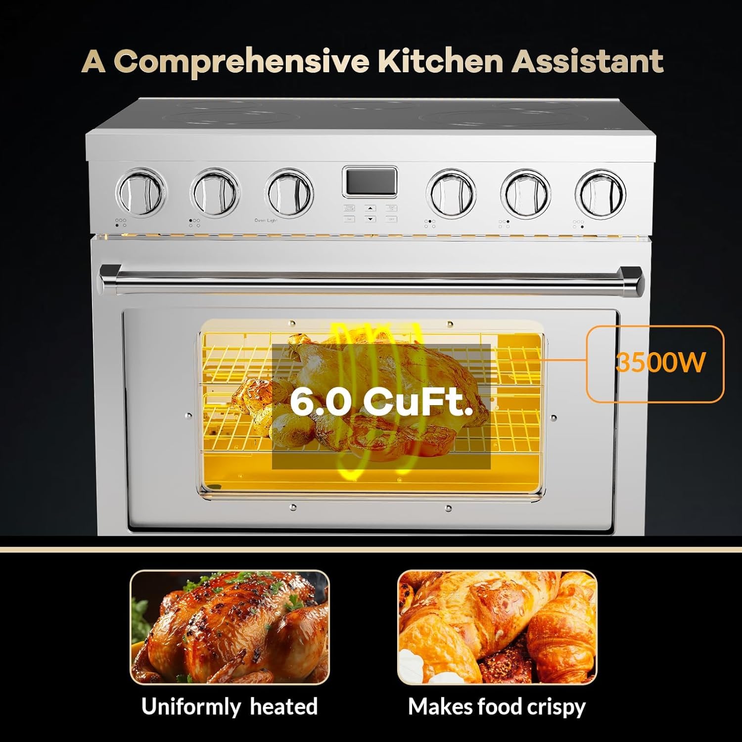 GARVEE 36 Inch Electric Range with 6 Burner Cooktop & Convection Oven - 6 Cu.Ft Capacity, Stainless Steel, Smooth Glass Top, Timer - Perfect for Home Kitchen, Baking, and Family Cooking