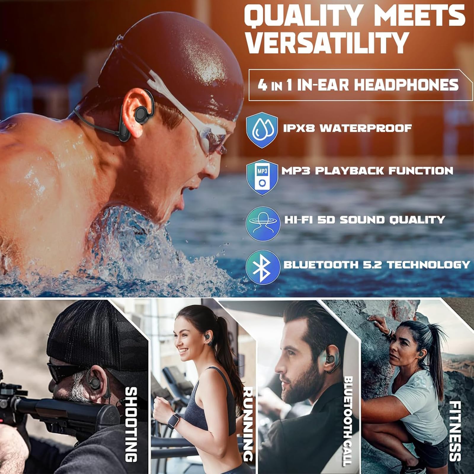 IPX8 Waterproof Bluetooth 5.4 Earbuds for Swimming - 32GB MP3 Player, 18H Playtime, Built-in Mic - Wireless in-Ear Headphones for Pool, Surfing & Water Sports (Black)