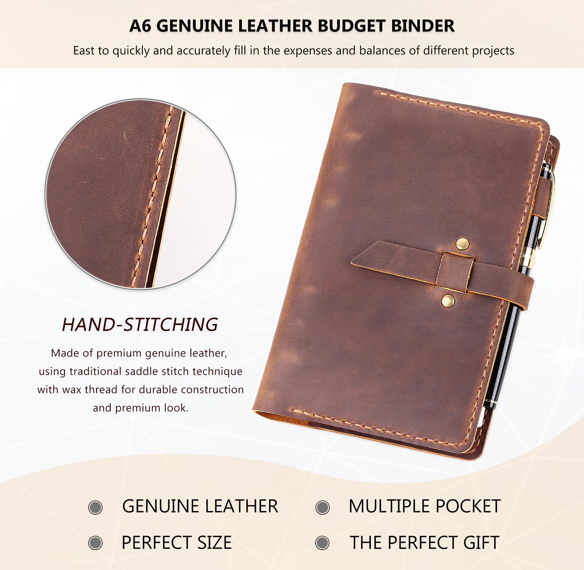Premium Handmade Leather A6 Binder with Cash Envelopes - Money Saving Budget Planner, Cash Organizer for Budgeting & Finance Management - Brown - Perfect for Personal Finance, Cash Envelope System & Expense Tracking