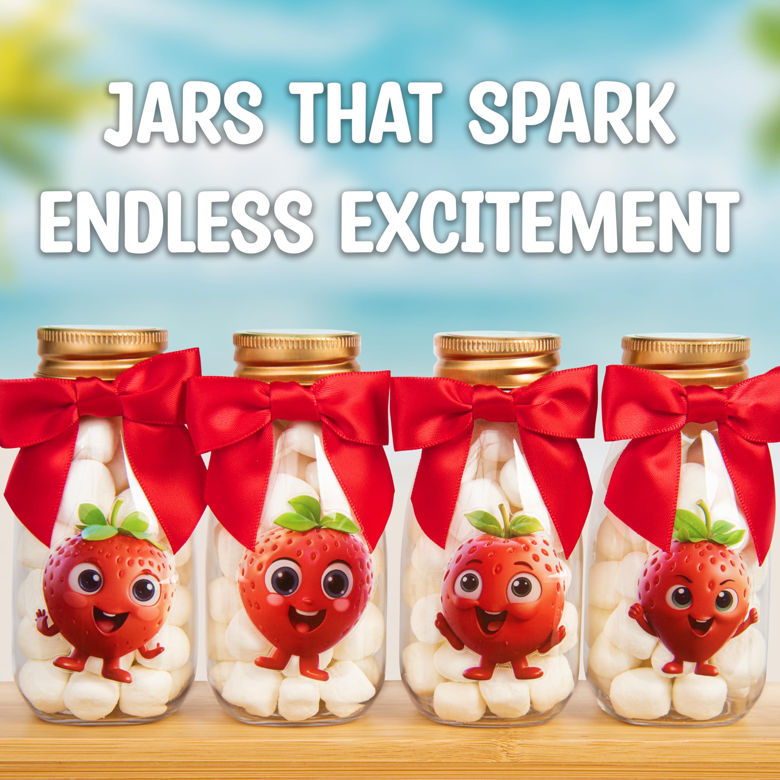 12 Pack DIY Strawberry Candy Jars with Ribbon & Stickers - Small Party Favors for Birthday, Baby Shower & Classroom Decor - Perfect for Berry Themed First Birthday, School Events & Kids Table Centerpieces