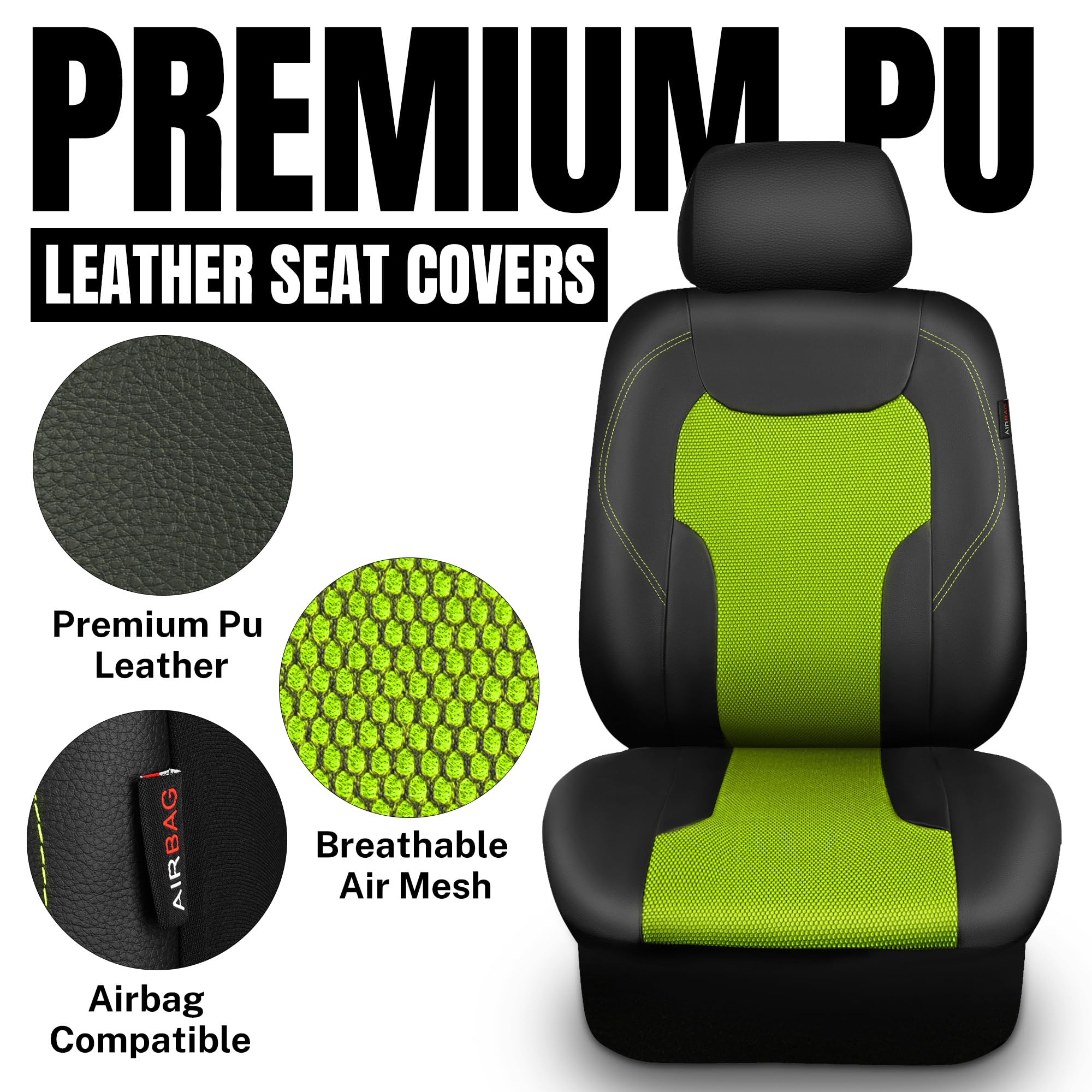 Premium Leather & Air Mesh Car Seat Covers Full Set - Universal Fit for Cars, Trucks, SUVs & Sedans | Airbag Compatible, Breathable Design | Black & Green Color | Perfect for Road Trips, Daily Commute & Interior Protection