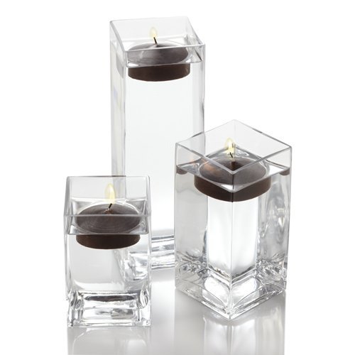 Richland Set of 18 Eastland Square Glass Vases & 18 Brown Floating Candles (3 Inch) - Perfect for Wedding Centerpieces, Home Decor, and Romantic Dinner Ambiance