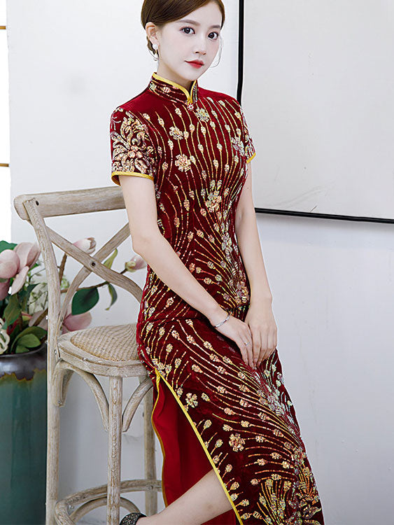 Elegant Red Sequined Velvet Chinese Qipao Dress for Women - Perfect for Mother's Day, Weddings, Parties & Special Occasions