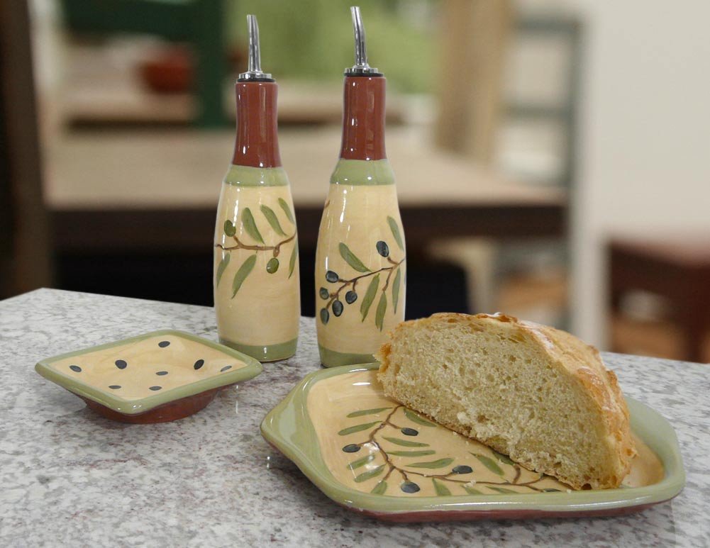 Handmade American Terra Cotta Oil and Vinegar Cruet Set with Dipping Dish & Serving Tray - Mediterranean Olive Branch Design - Perfect for Kitchen, Dining Table & Gift Giving