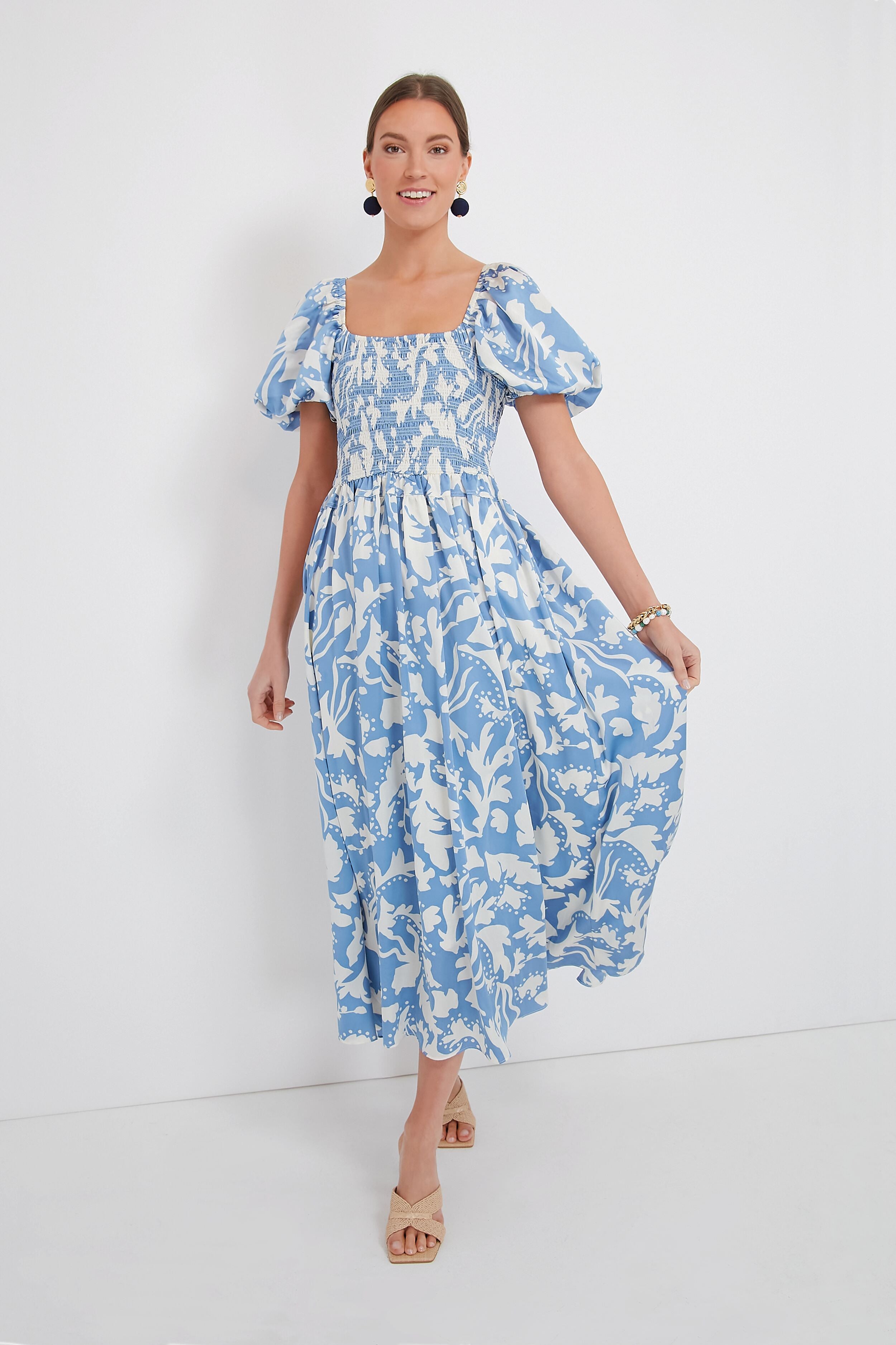 Stylish Blue Puff Sleeve Midi Dress for Women - Elegant Flowy Summer Dress for Parties, Weddings & Date Nights