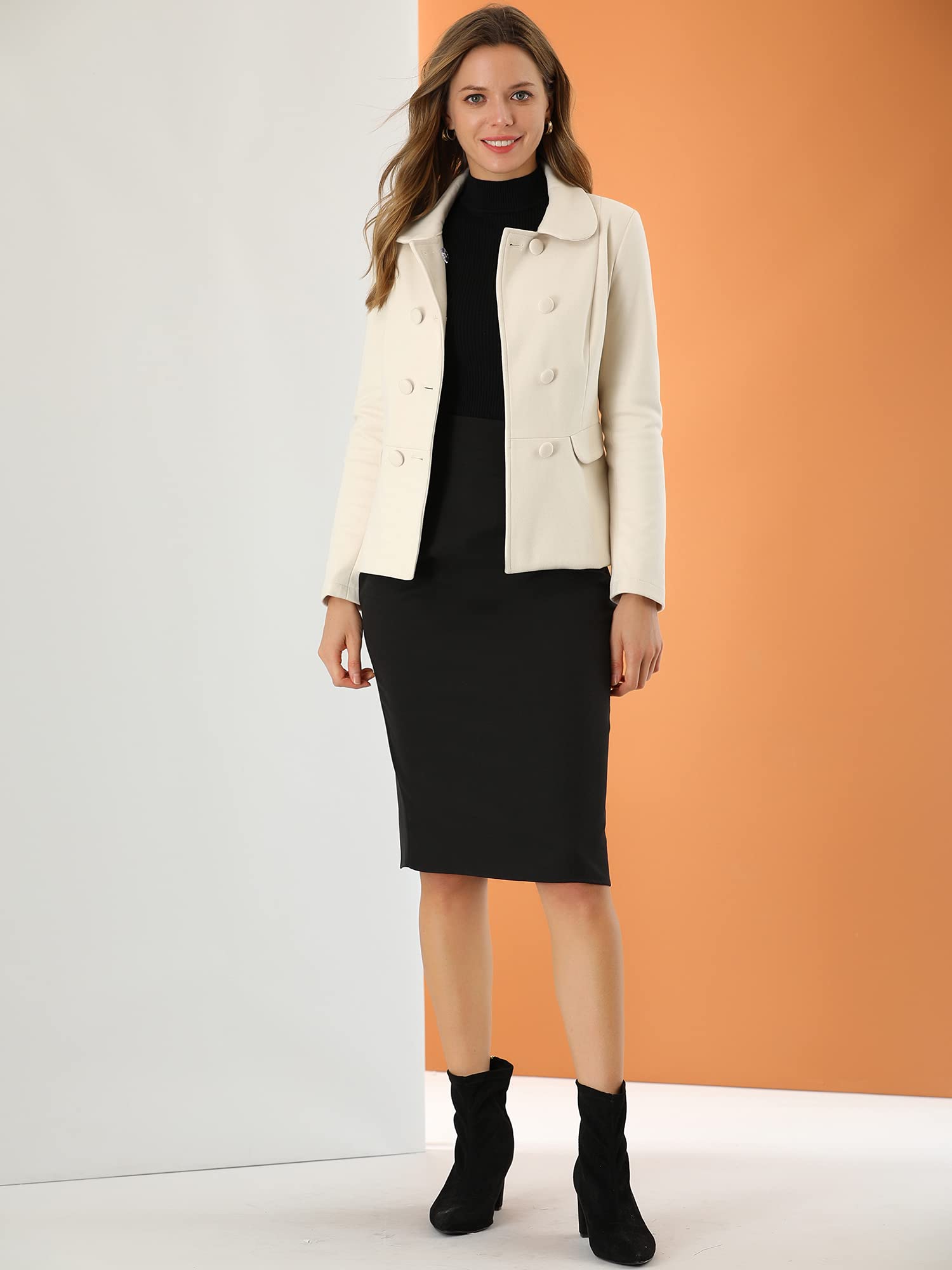 Allegra K Women's Peter Pan Collar Double Breasted Peacoat Short Coat - Stylish Winter Jacket for Office, Dating & Casual Outfits