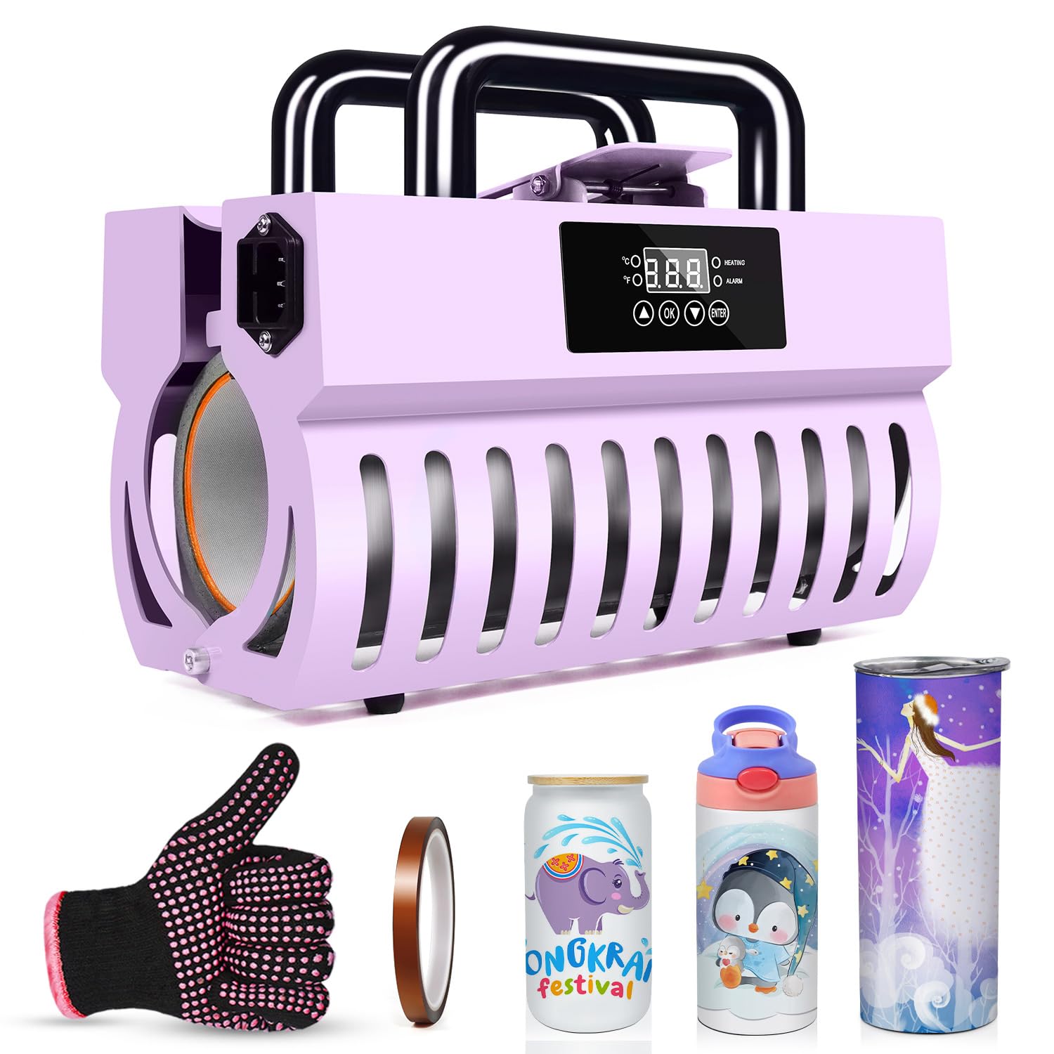 Realkant 110V Tumbler Heat Press Machine for Sublimation - Works with 20OZ & 30OZ Skinny Tumblers, Straight Tumblers, Glass Jars & 11-15OZ Mugs - Includes Heat Tape & Gloves (Purple) - Perfect for DIY Crafts, Personalized Gifts & Small Business Printing