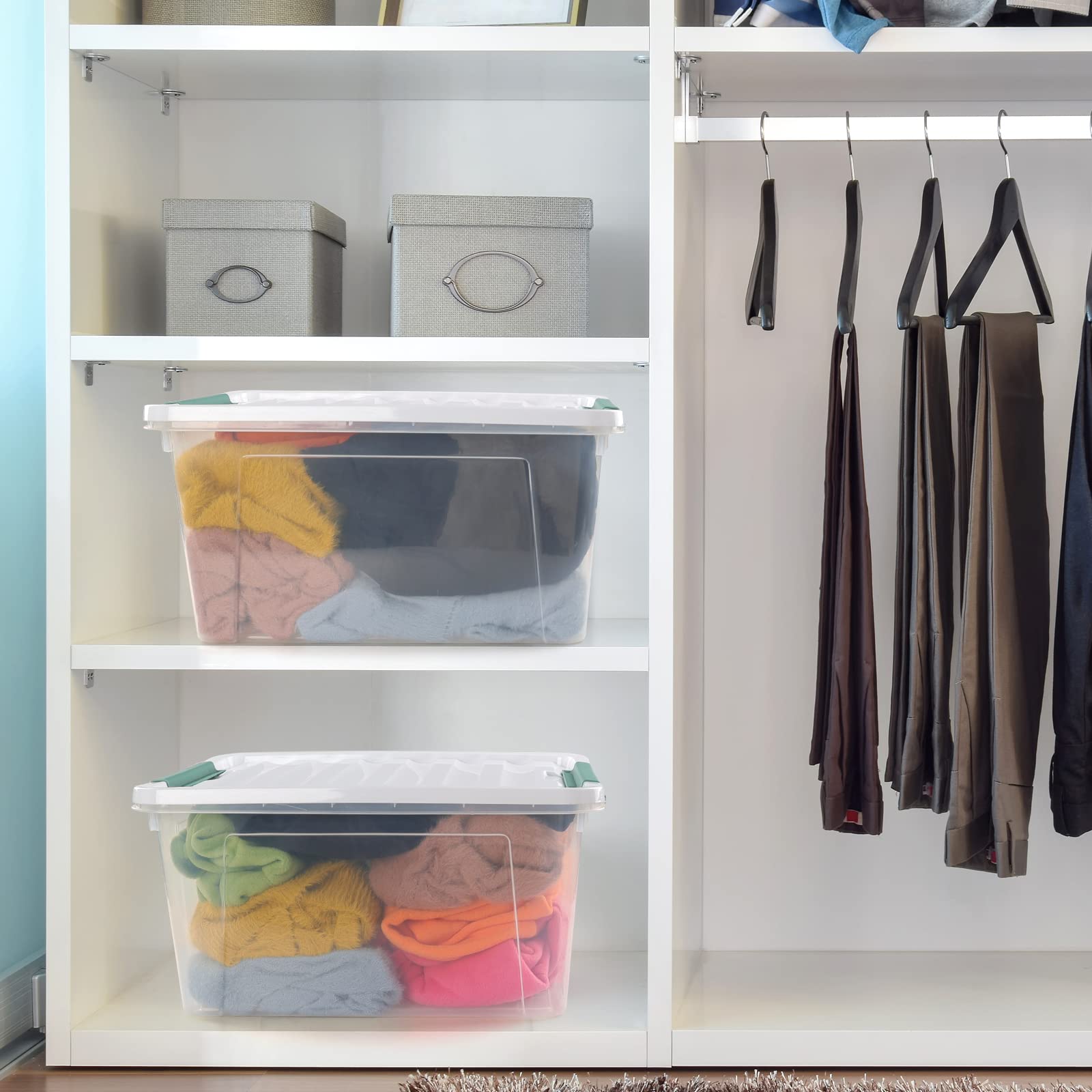 6-Pack Clear Plastic Storage Boxes with Lids - 35L Stackable Organizer Bins for Home, Office, Garage & Closet Organization - Perfect for Storing Clothes, Toys, Books & Seasonal Items
