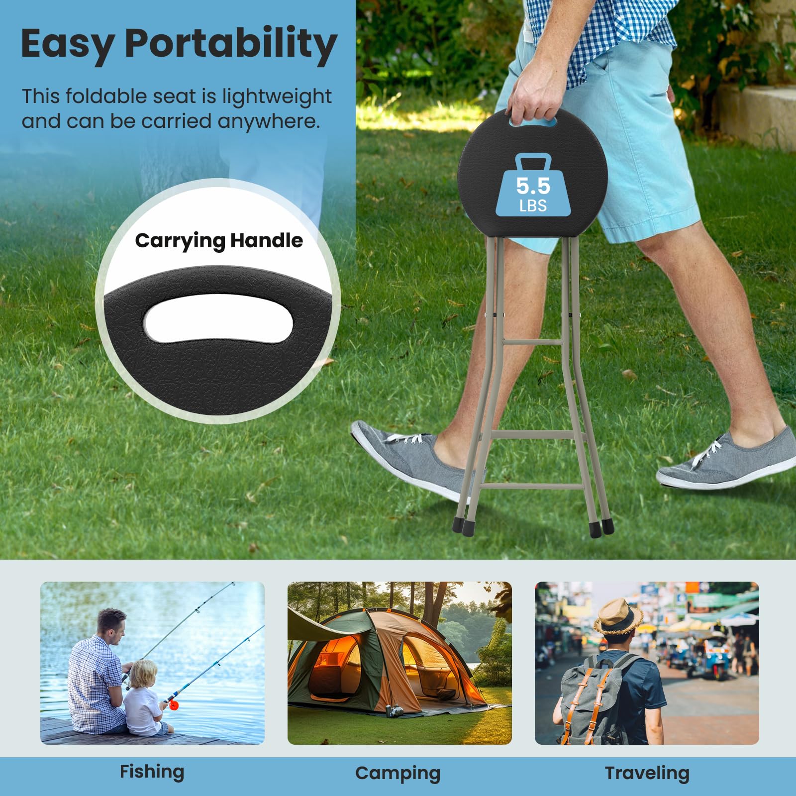Goplus 3-Pack 28 Inch Heavy Duty Folding Stool - 550 lb Capacity Portable Camping Chairs for Adults - Compact Foldable Stool with Handle for Fishing, Hiking, Gardening, BBQ & Outdoor Activities - Perfect for Camping Trips, Beach Outings, Backyard Parties and Tailgating