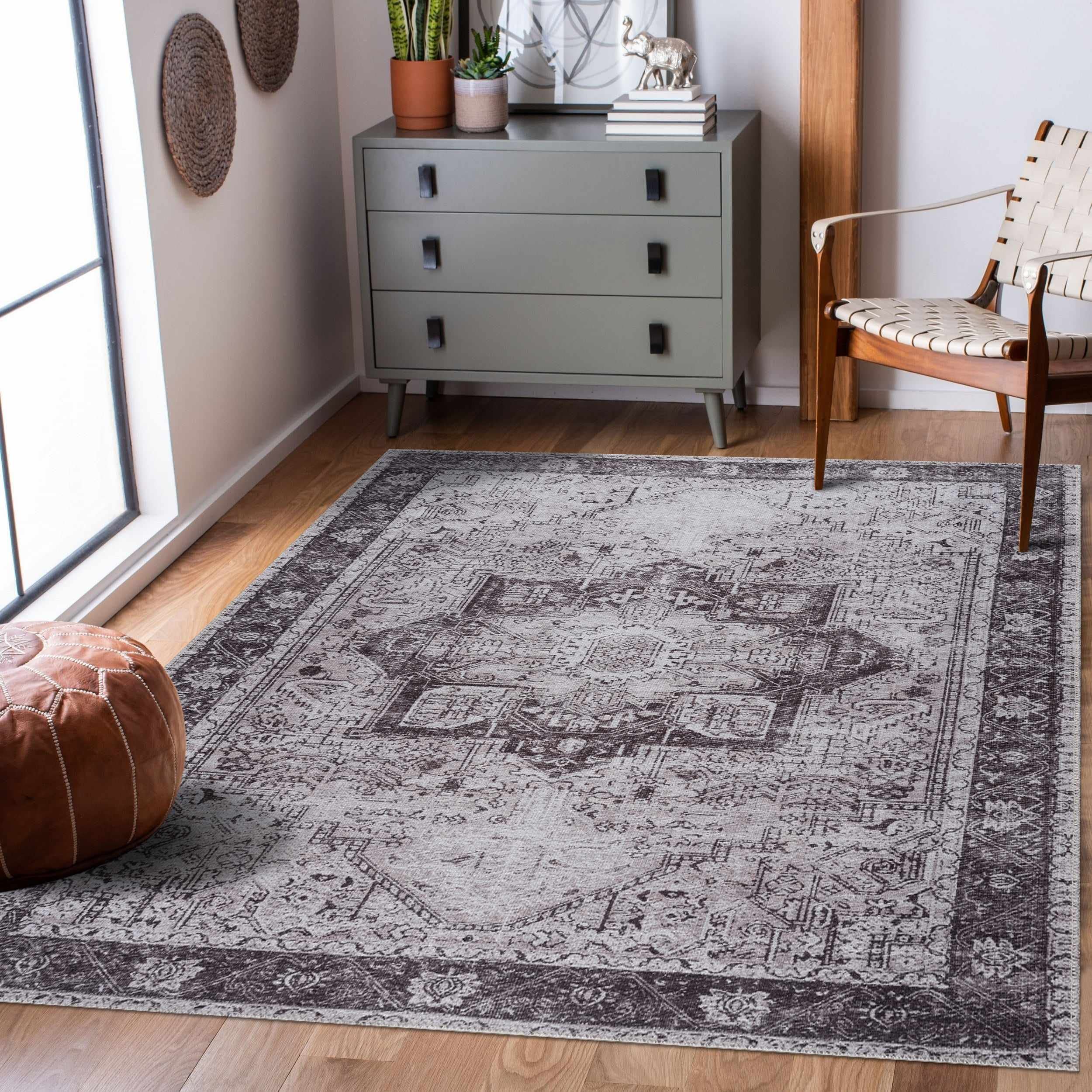 Hauteloom Kyan Washable Area Rug - Traditional Design in Gray, Black, Peach - 6'7