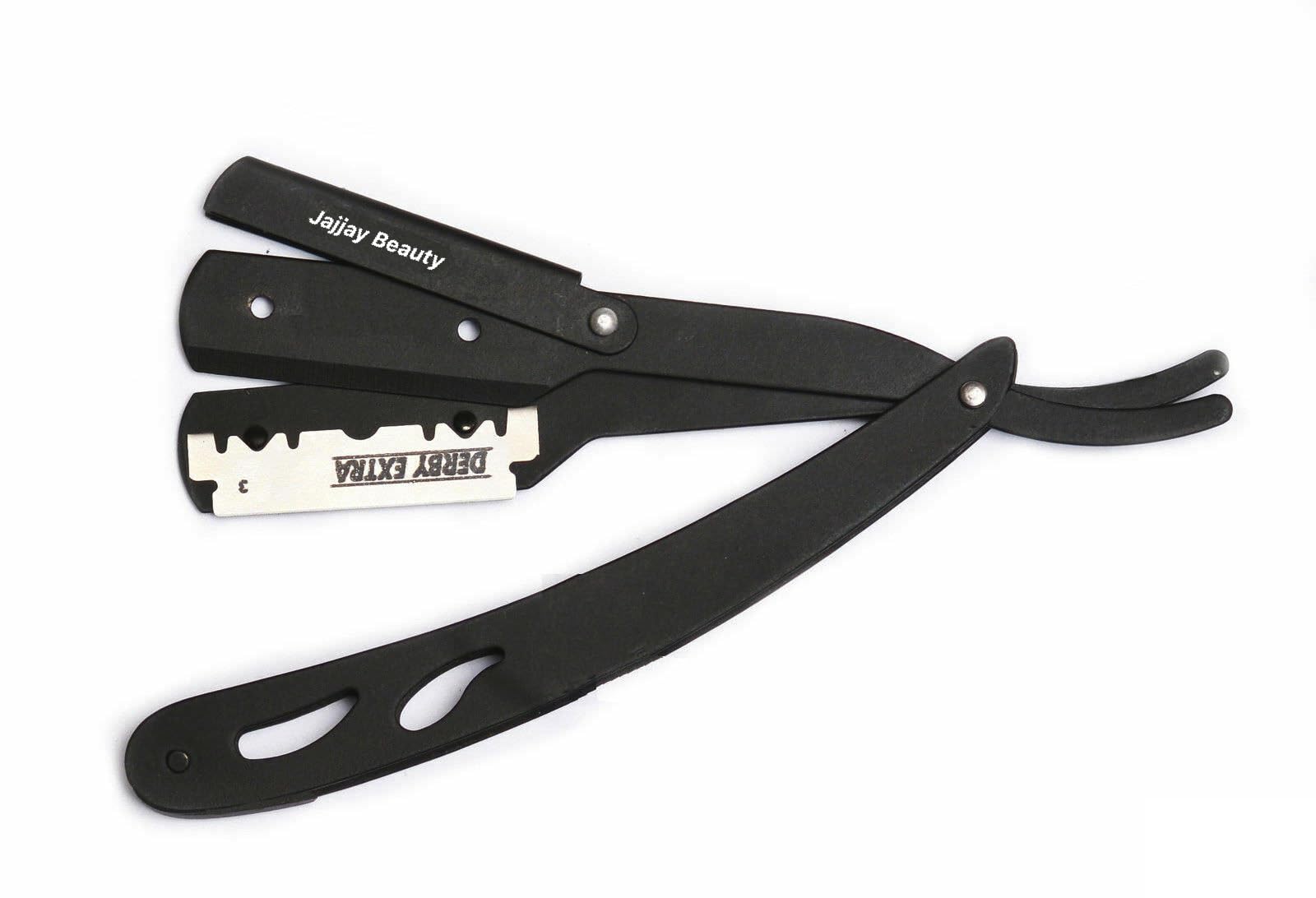 Professional Straight Edge Barber Razor with 100 CROWN Single Edge Blades - Men's Shaving Knife & Shavette for Barbershop & Home Use - Black | Precision Grooming for Smooth Shaves & Beard Shaping