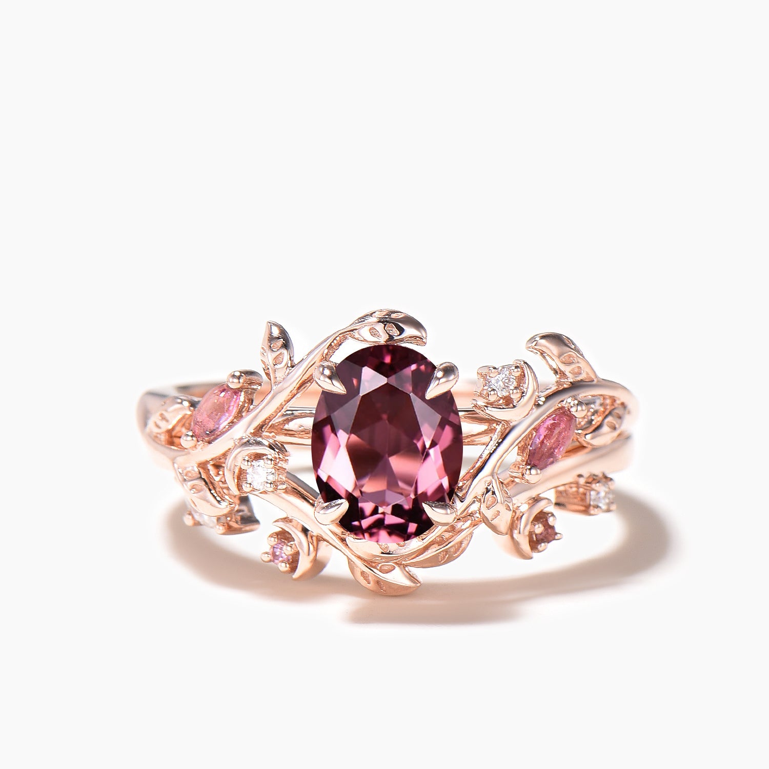 Natural Pink Tourmaline & Diamond Wedding Ring Set - Oval Cut Nature Inspired Leaf Moon Bridal Jewelry for Engagement, Anniversary & Special Occasions