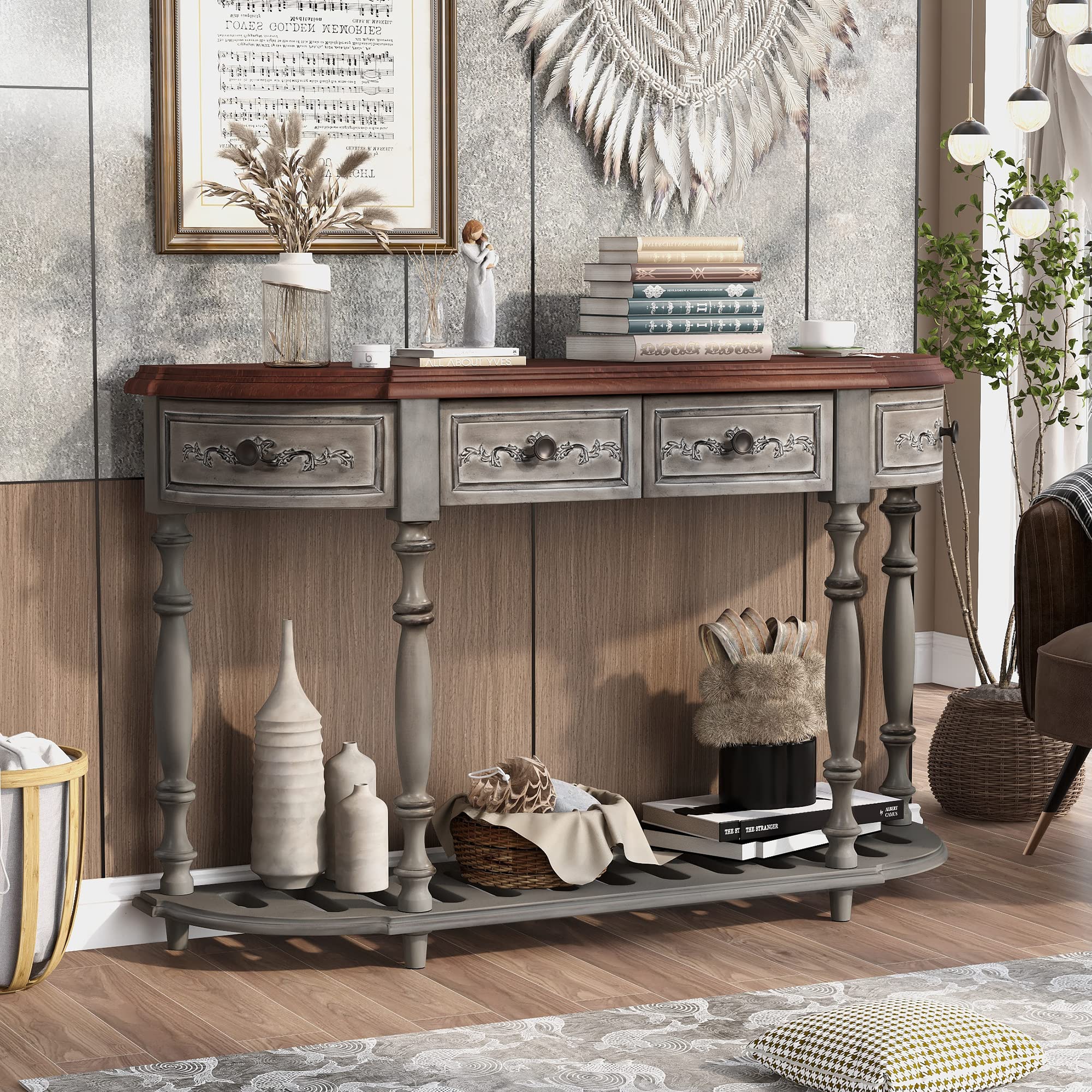 P PURLOVE Curved Console Table with 4 Drawers - Retro Solid Wood Sofa Table with Sturdy Frame & Legs - Half Moon Entryway Table for Living Room, Kitchen, Hallway - Antique Gray Finish - Perfect for Small Spaces & Home Decor