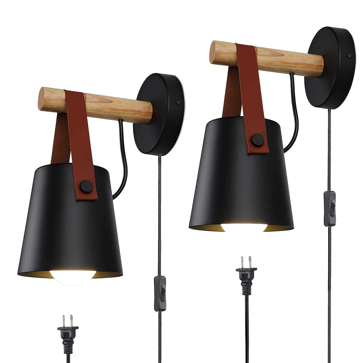 iYoee Plug-in Wall Sconces Set of 2 - Black Wooden Arm Wall Lamps with On/Off Switch for Bedroom, Bathroom & Vanity Lighting - Perfect for Bedside Reading, Hallway Decor and Bathroom Mirror Illumination