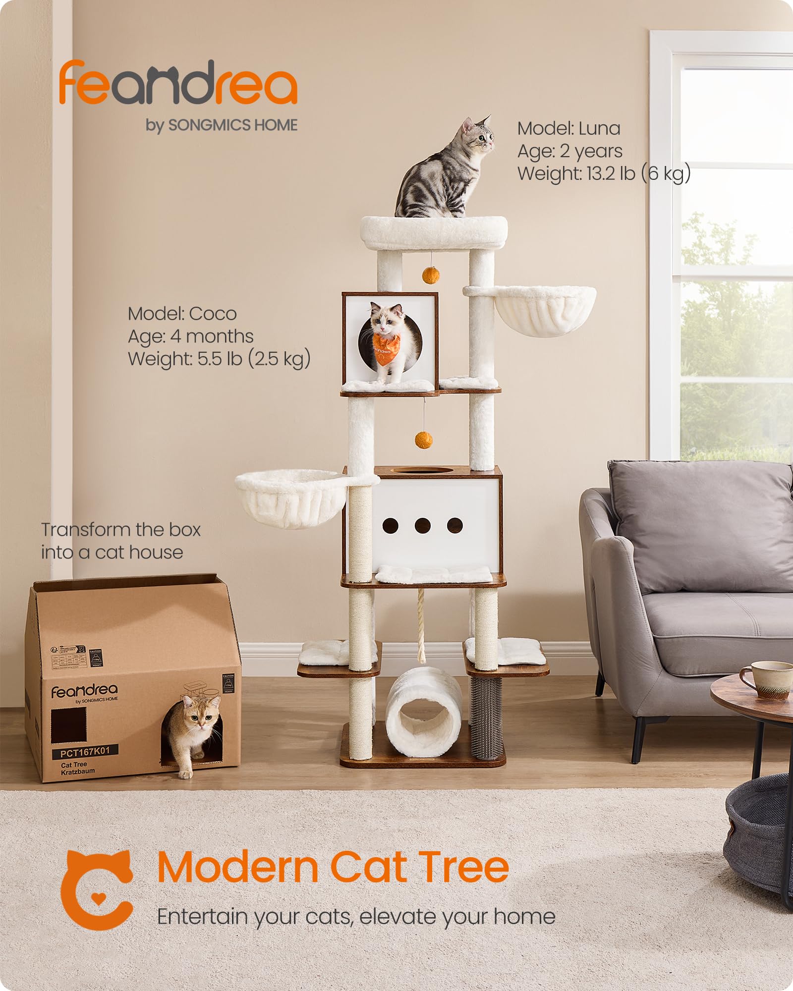 Feandrea 64.5-Inch Cat Tree for Large Cats - Multi-Level Cat Tower with 2 Caves, 2 Hammocks, 4 Scratching Posts, Self-Groomer & Perch - Modern Cat Condo Furniture for Indoor Cats (Rustic Brown) - Perfect for Living Rooms, Bedrooms & Home Offices