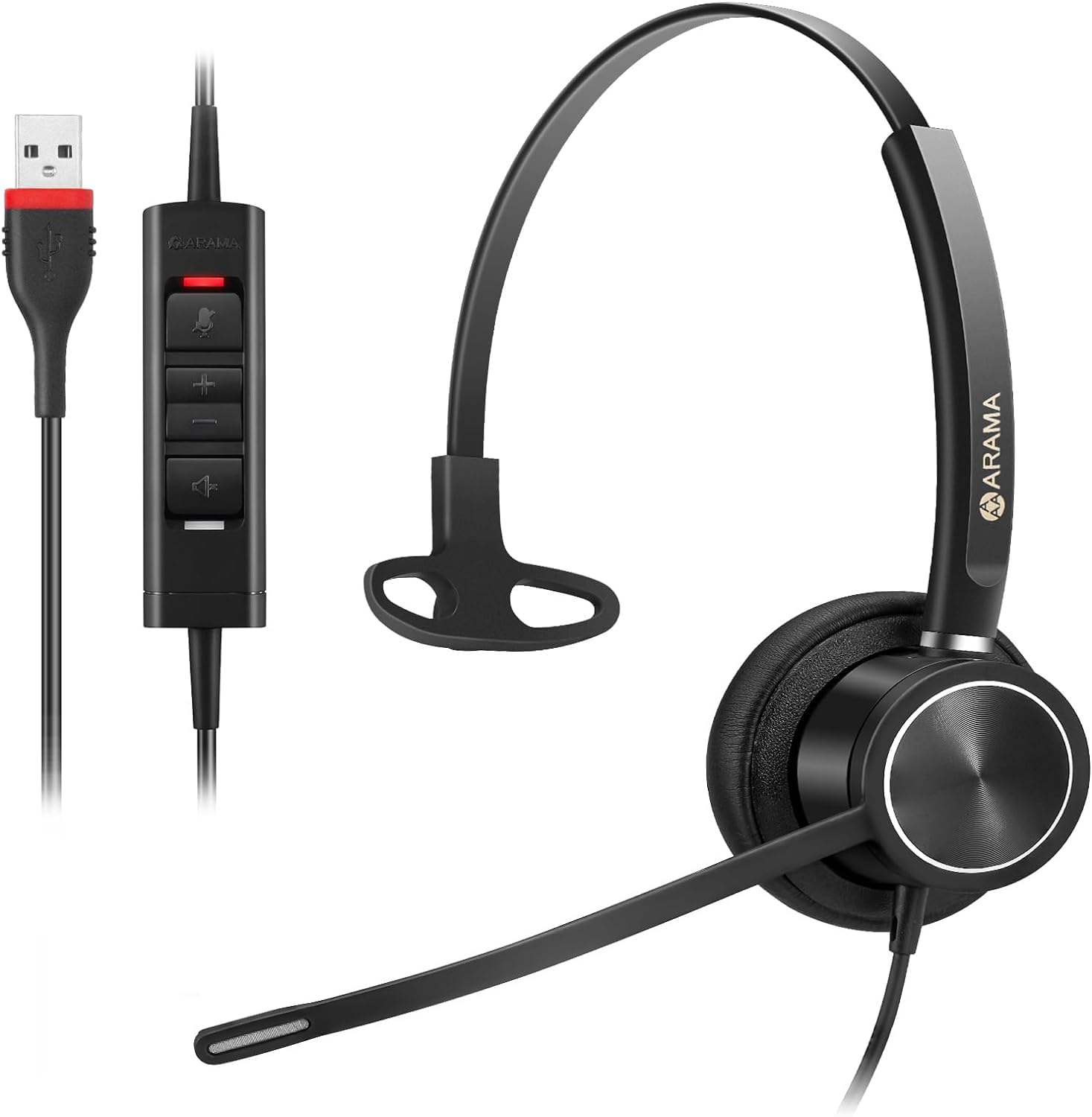 ARAMA USB Headset with Noise Cancelling Microphone for PC, Laptop - Wired Mono Computer Headphones with In-Line Volume Control - Ideal for Home Office, Call Centers, Online Classes, Zoom & Skype Meetings