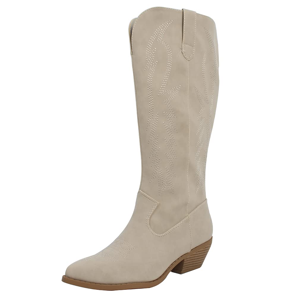 Women's Faux Leather Cowboy Boots Knee High with Stitching - Western Style Riding Boots for Country Fashion & Outdoor Events