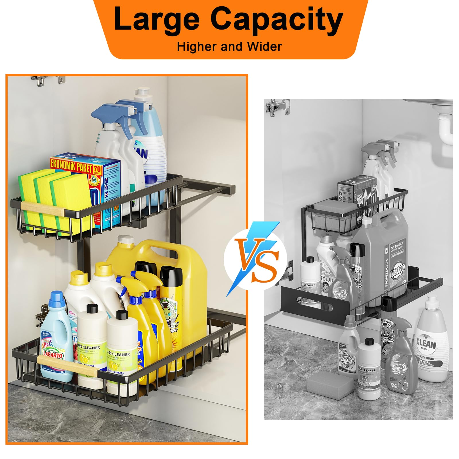 2-Tier Under Sink Organizer & Storage Shelf - Metal Pull Out Cabinet Organizer with Sliding Drawers for Kitchen, Bathroom & Closet (2 Pack) - Perfect for Maximizing Space Under Sinks and Cabinets