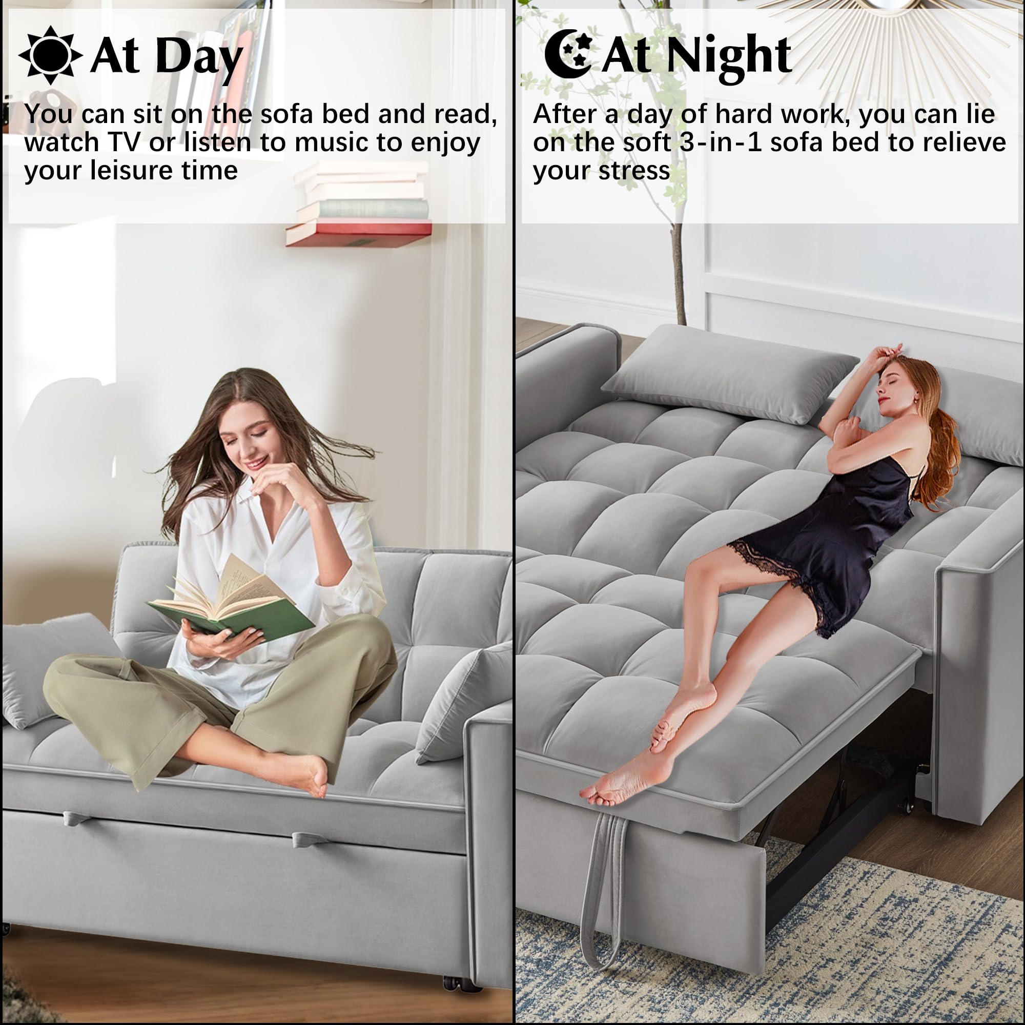 3 in 1 Convertible Velvet Sleeper Sofa Bed with Storage Pockets & 2 Pillows - Modern Foldable Couch for Small Spaces, Living Room, Apartment, Bedroom & Office - Perfect for Guests, Lounging & Space Saving (Gray)