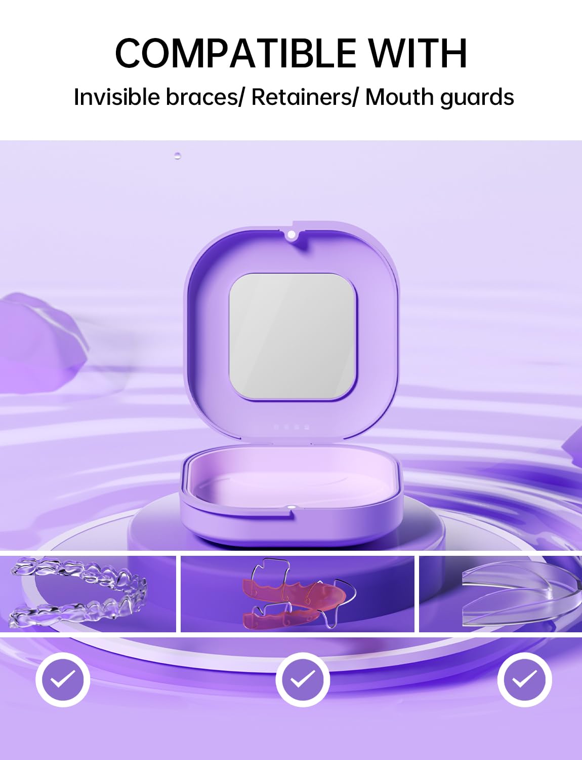 **Invisalign Retainer Case with Vent Holes - Cute Purple Aligner & Mouth Guard Storage Case with Mirror, Replaceable Silicone Pads, Removal Tool & Brush - Perfect for Travel, Gym & Daily Use**