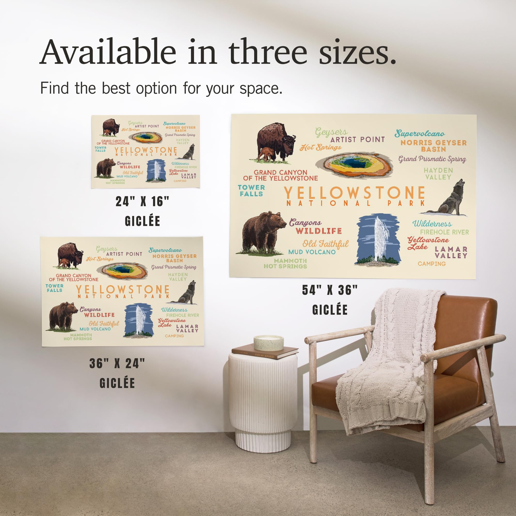 Lantern Press 16x24 Inch Giclee Art Print - Yellowstone National Park Landscape with Typography & Iconic Symbols | Perfect for Home Decor, Office Wall Art & National Park Enthusiasts