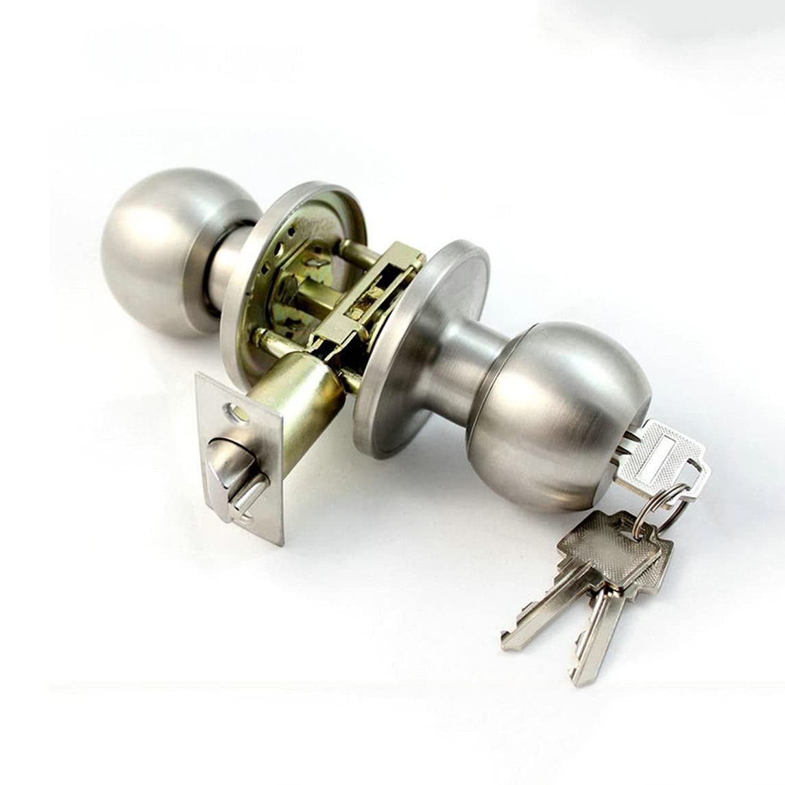 24-45mm Stainless Steel Round Door Knob with Rotation Lock & 3 Keys - Secure Bedroom, Bathroom & Living Room Door Handle - Durable Hardware for Home, Office & Commercial Use