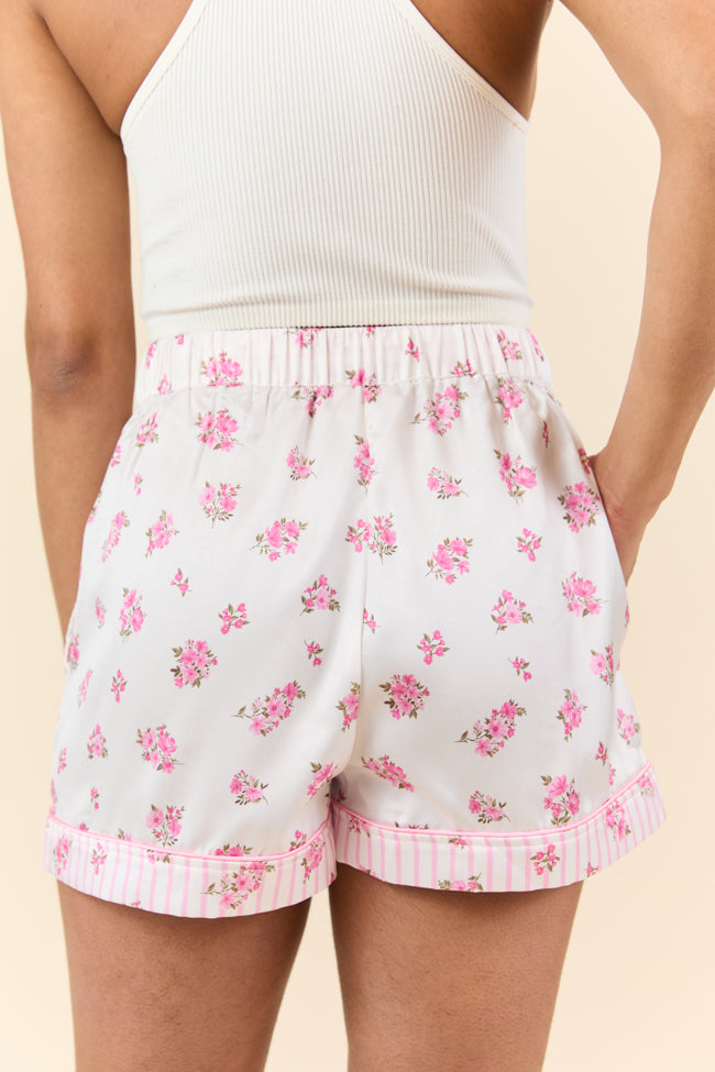Pink Floral Satin Pajama Shorts for Women - Soft Sleepwear for Side Sleepers - Comfortable Lounge Shorts for Nightwear & Relaxation at Home