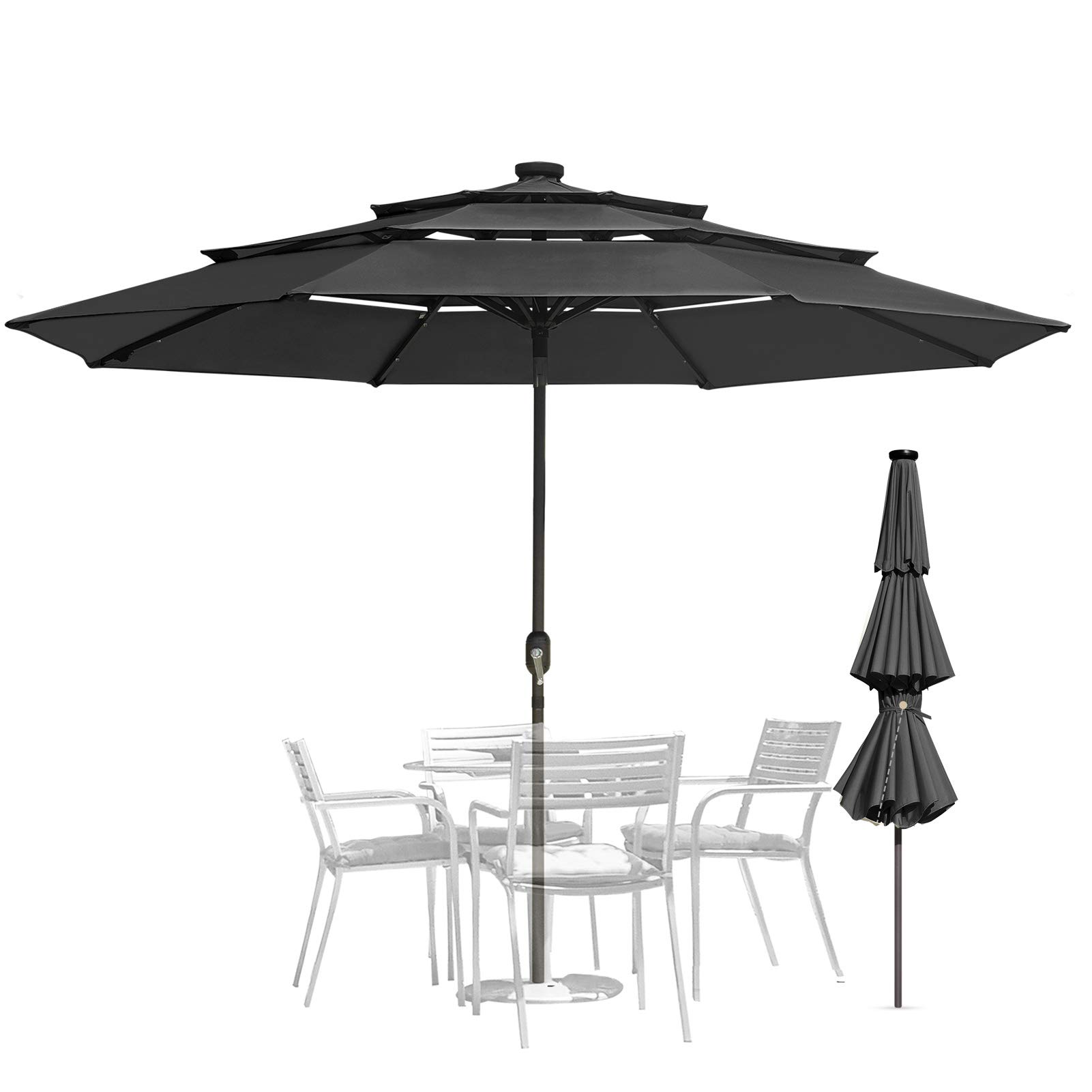 9ft 3-Tier Outdoor Patio Umbrella with 24 Solar LED Lights & Tilt Function - Perfect for Backyard, Poolside, and Outdoor Dining Areas