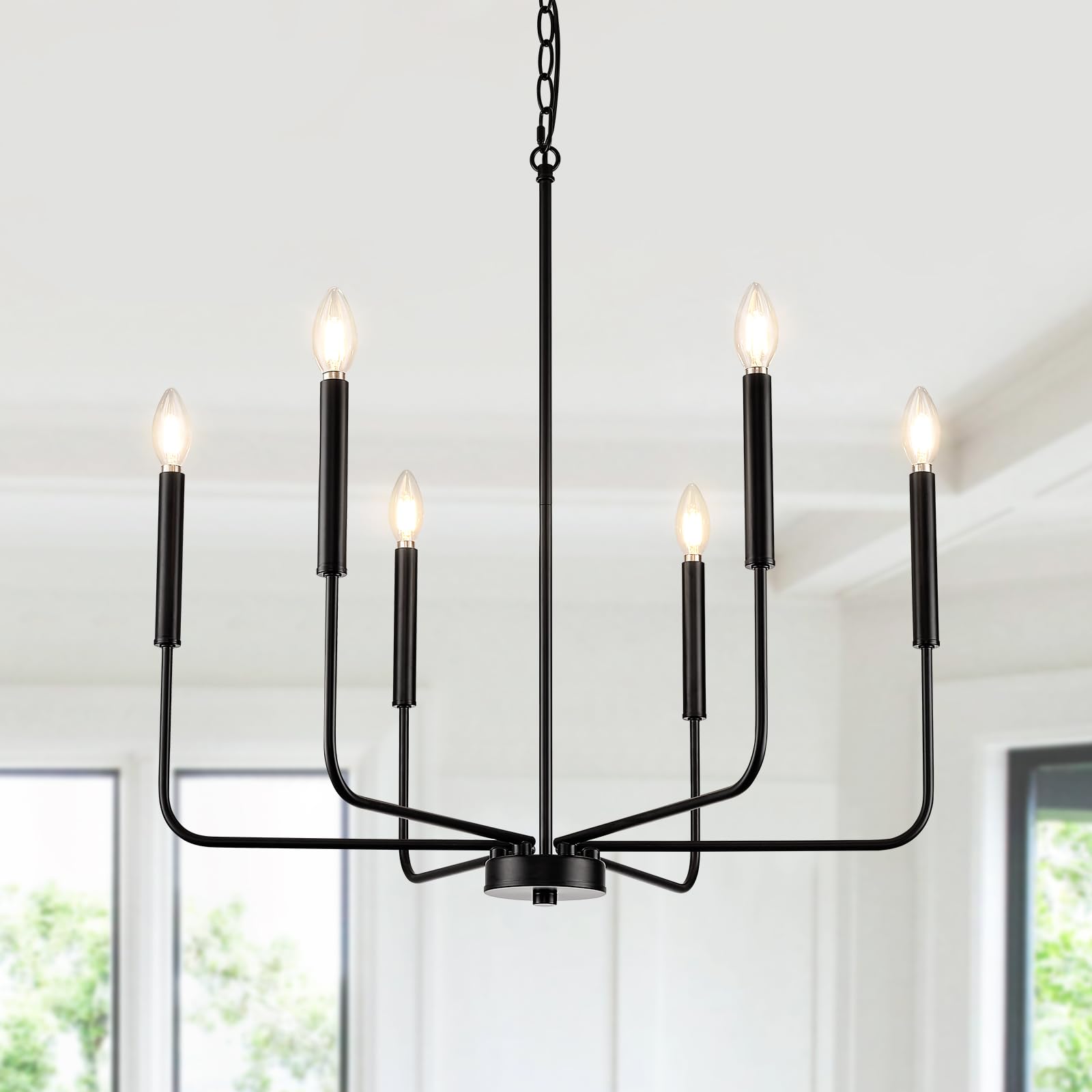 Modern Black 6-Light Chandelier - Farmhouse Style Metal Hanging Light Fixture with Chain for Dining Room, Kitchen, Living Room, Bedroom & Foyer | Elegant Candle-Style Lighting for Home Decor & Entertaining