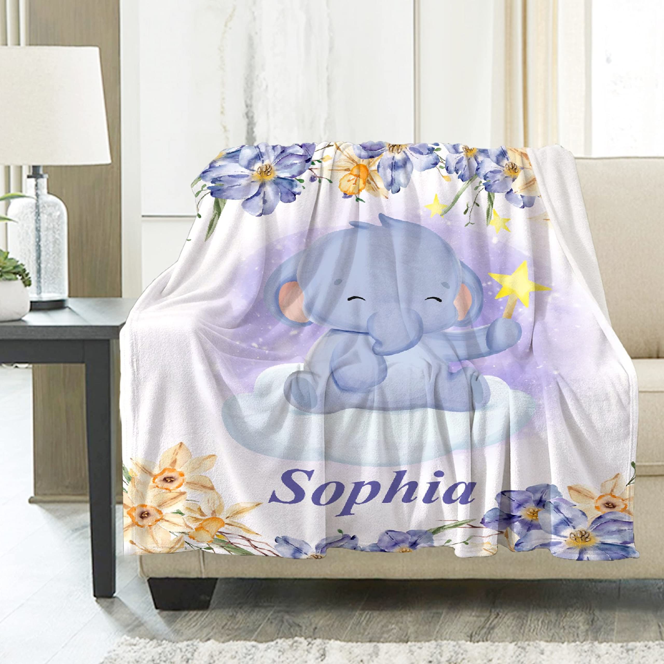 Personalized Baby Blanket with Name - Custom Elephant & Flower Design for Boys & Girls - Ultra Soft Flannel Fleece Blanket 90