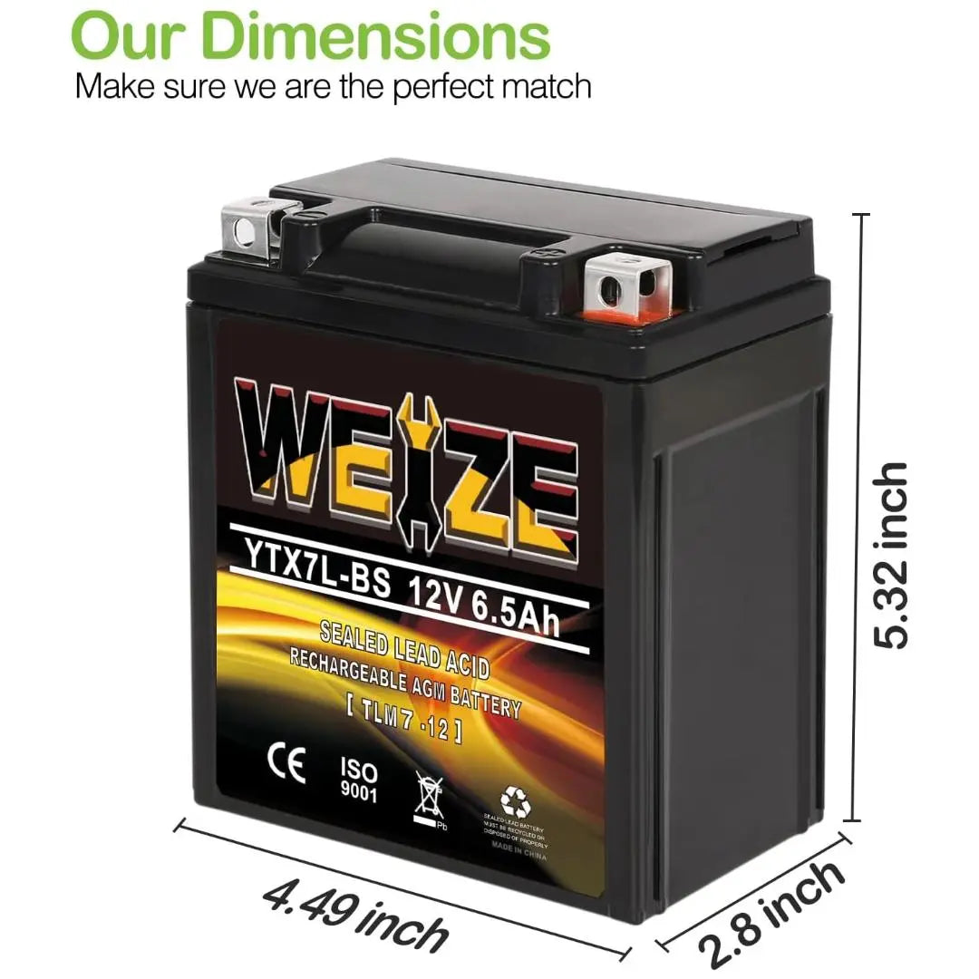 WEIZE YTX7L-BS 12V 6.5Ah High Performance AGM Battery - Maintenance Free, Sealed, 100CCA - Compatible with Honda, Kawasaki, Suzuki ATV & Motorcycles - Perfect for Off-Road, Powersports & Outdoor Adventures