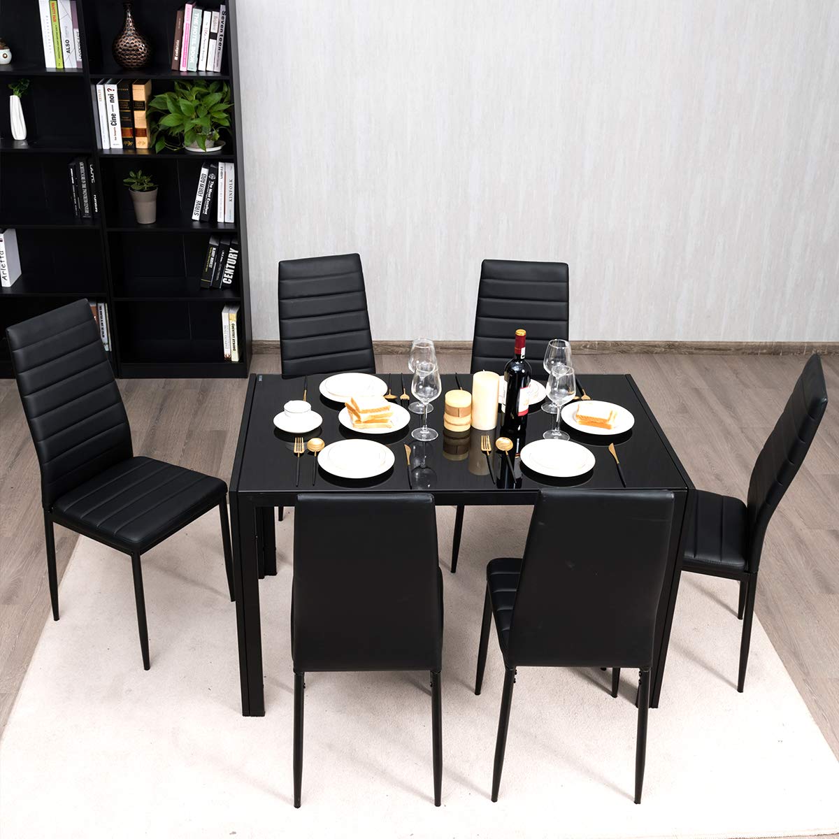 Modern Glass Top Dining Table Set with 6 Leather Padded Chairs - Rectangular Metal Frame Kitchen & Dining Room Furniture for Small Spaces | Perfect for Apartments, Breakfast Nooks & Compact Homes (Black)