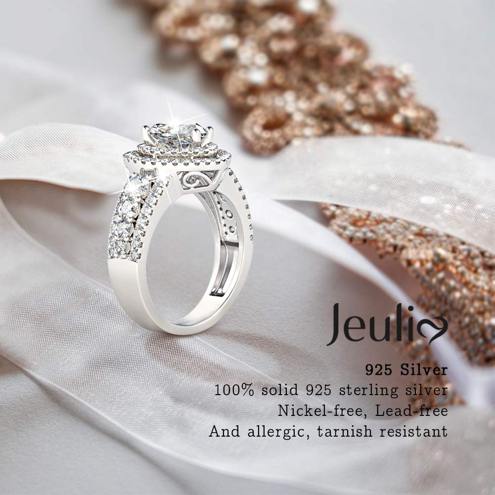Jeulia 925 Sterling Silver Double Halo Heart Cut CZ Solitaire Engagement Ring with Side Stones - Romantic Promise Ring for Women, Anniversary Gift, Valentine's Day Present, Perfect for Proposals & Special Occasions