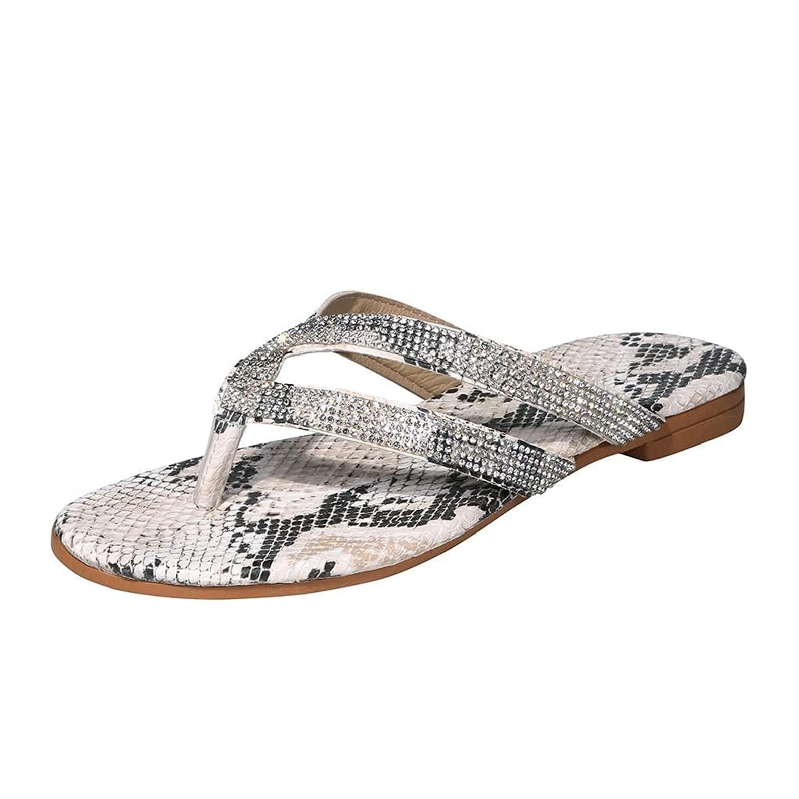 SACFOF Women's Bohemian Flat Sandals - Rhinestone Embellished Comfortable Thong Sandals for Summer | Dressy Slide Sandals for Beach, Vacation & Casual Outfits