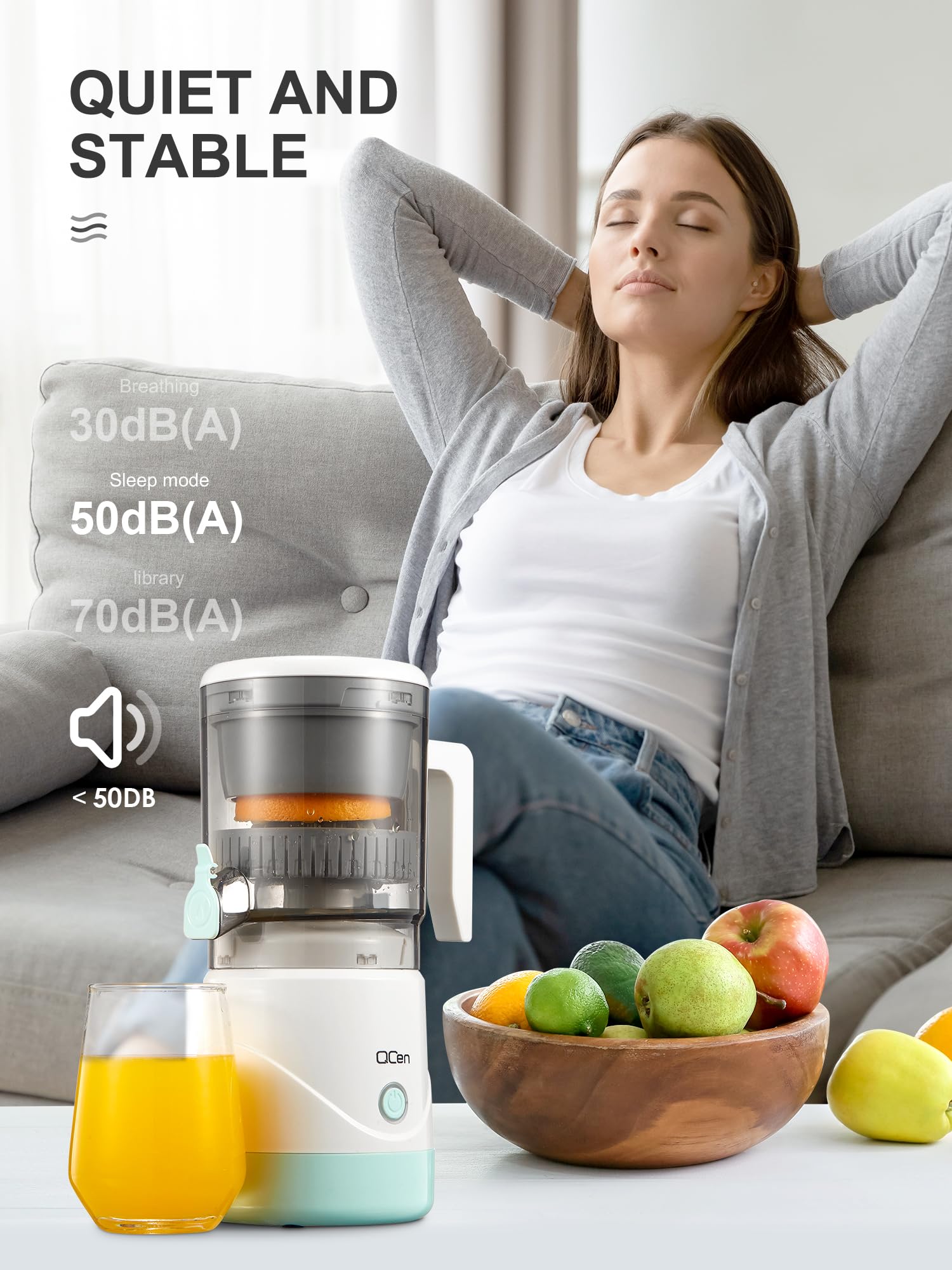 QCen Electric Citrus Juicer - Portable Orange, Lemon & Grapefruit Squeezer with One-Touch Operation, Easy to Use & Clean - Includes Cleaning Brush (White) - Perfect for Breakfast, Juice Bars & Healthy Home Cooking